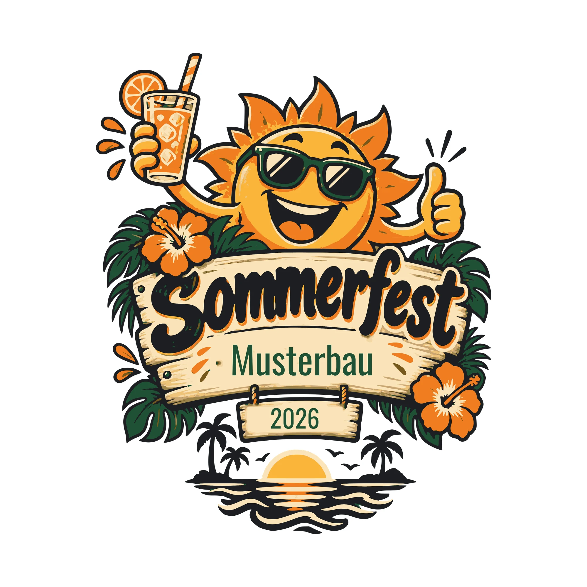 Bügelbild Sommerfest mit Firma und Jahr als Grafik auf weißem Hintergrund (BB011289)