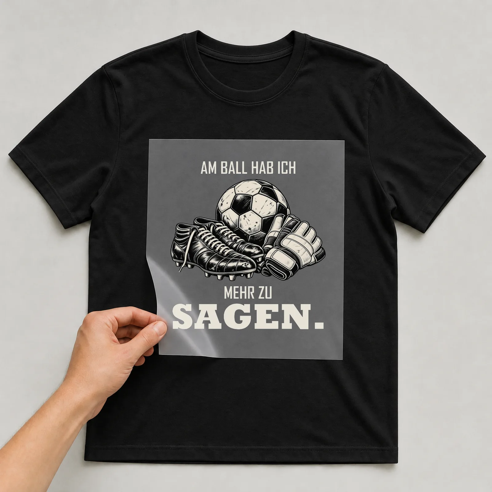 Bügelbild „Am Ball hab ich mehr zu sagen“ auf schwarzem T-Shirt, Folie wird aufgelegt