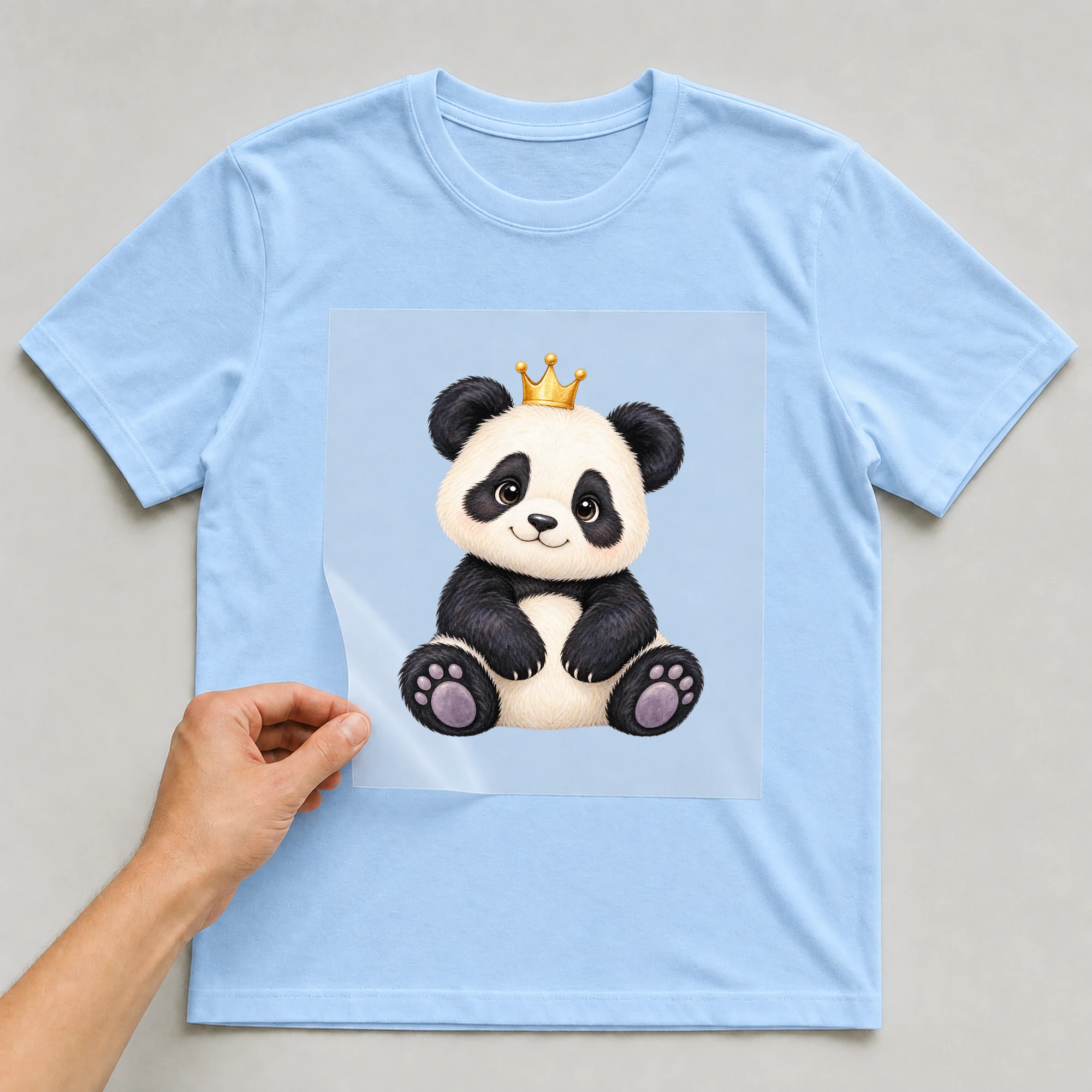 Bügelbild „Bärchen Prinzessin“ auf babyblauem T-Shirt, Folie wird aufgelegt