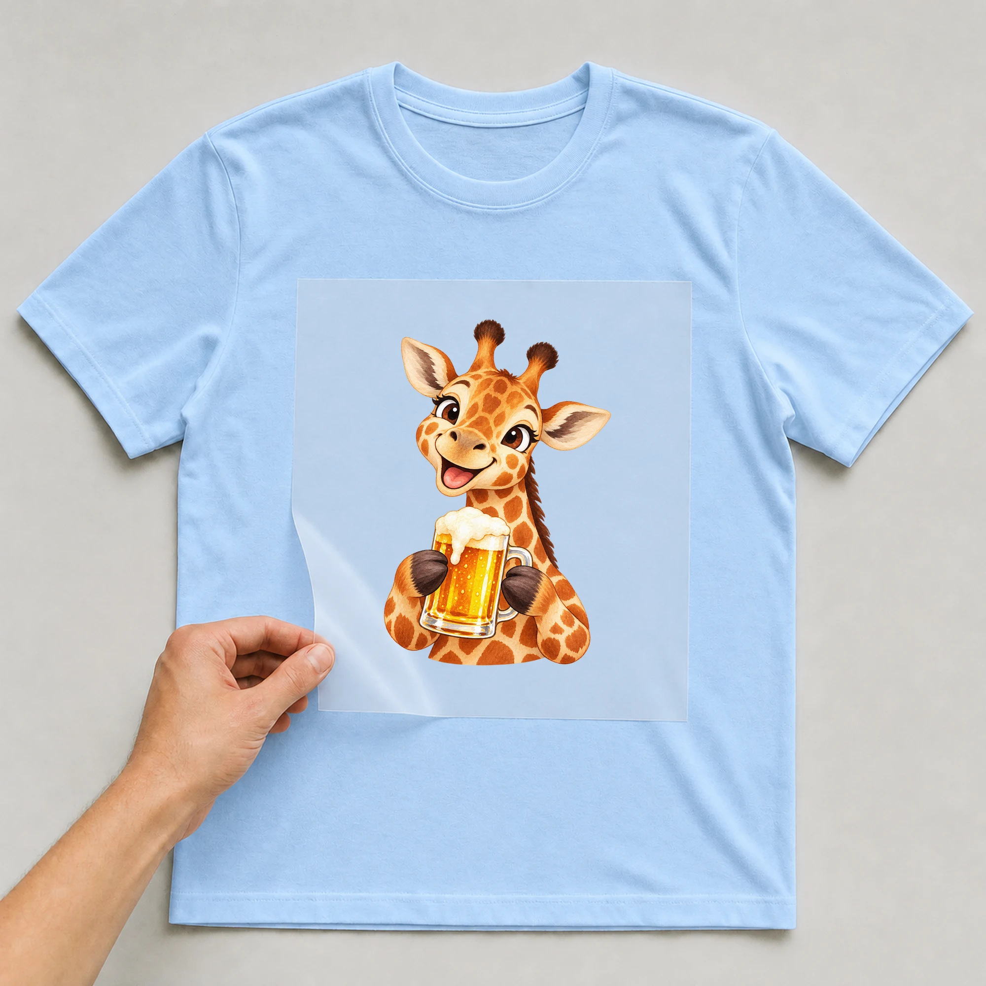 Bügelbild „Bieraffe“ auf babyblauem T-Shirt, Folie wird aufgelegt