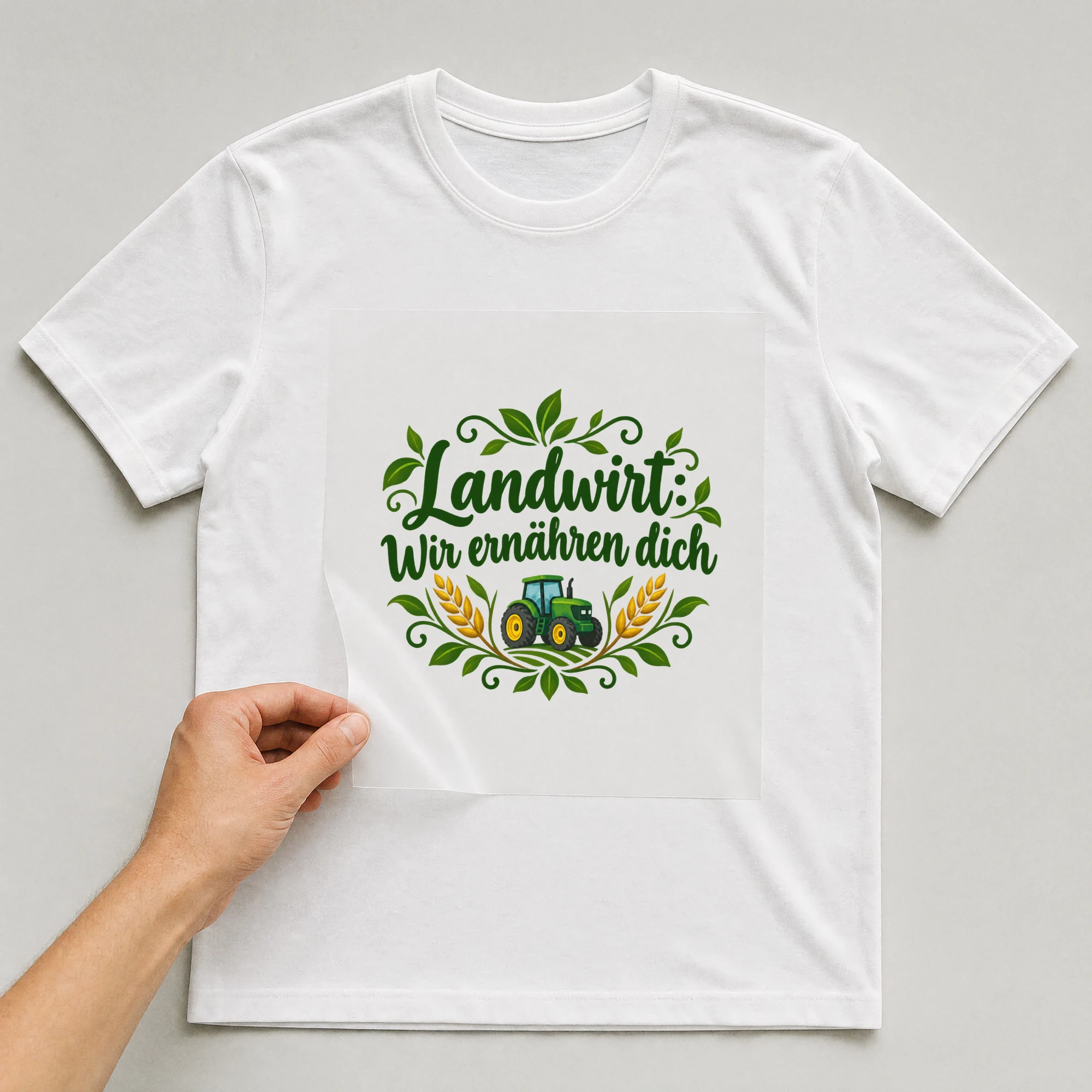 Bügelbild „Landwirt: Wir ernähren dich“ auf weißem T-Shirt, Folie wird aufgelegt