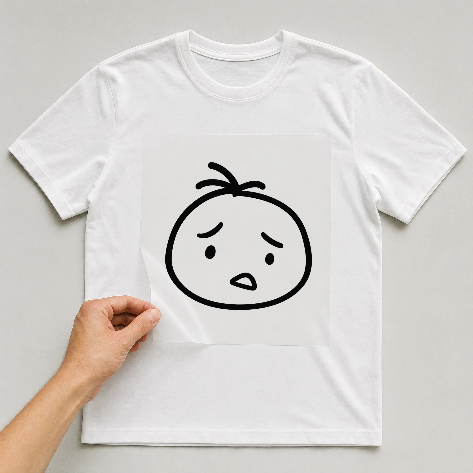 Bügelbild „Unsicheres Gesicht“ auf weißem T-Shirt, Folie wird aufgelegt