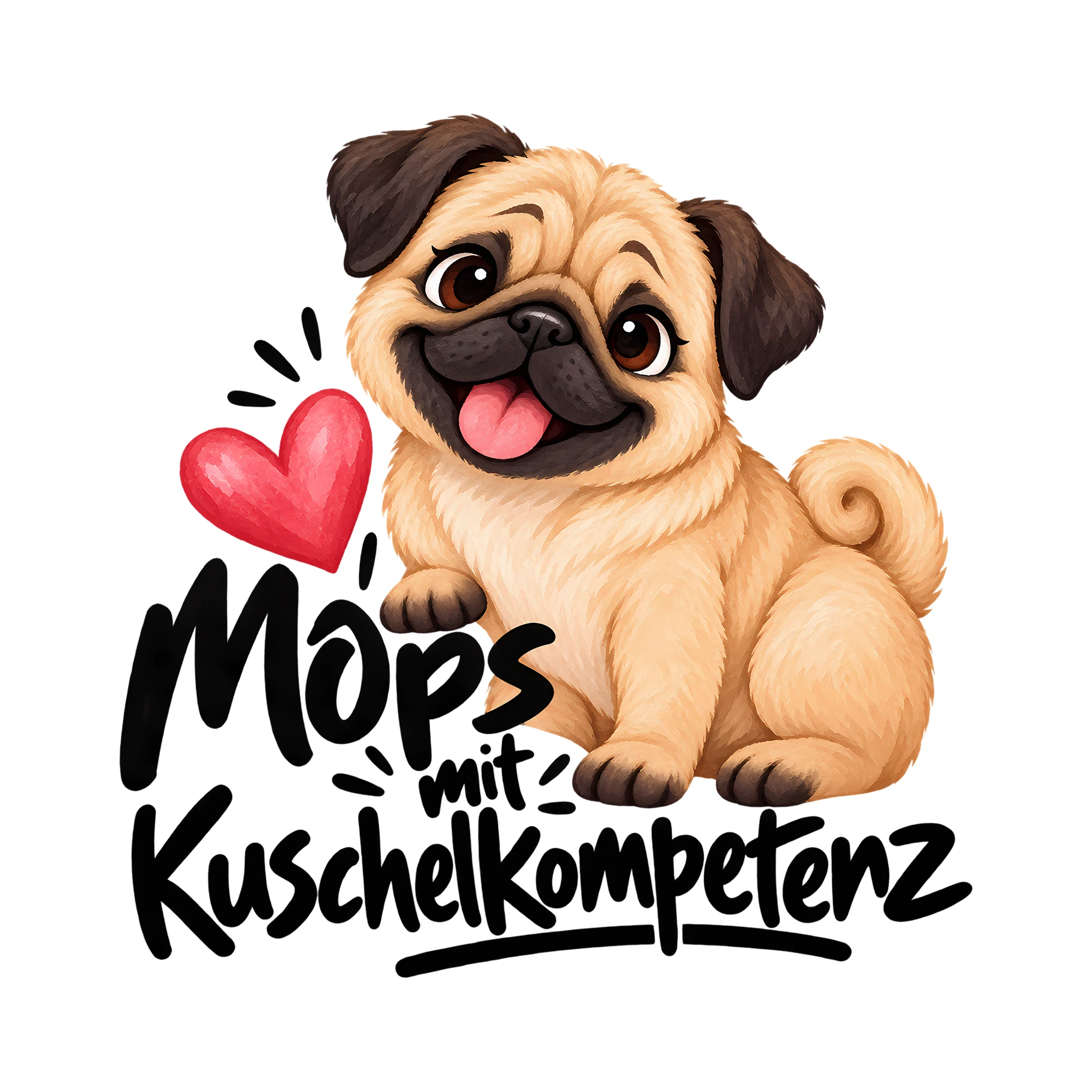 Bügelbild Mops mit Kuschelkompetenz als Grafik auf weißem Hintergrund (BB012956)