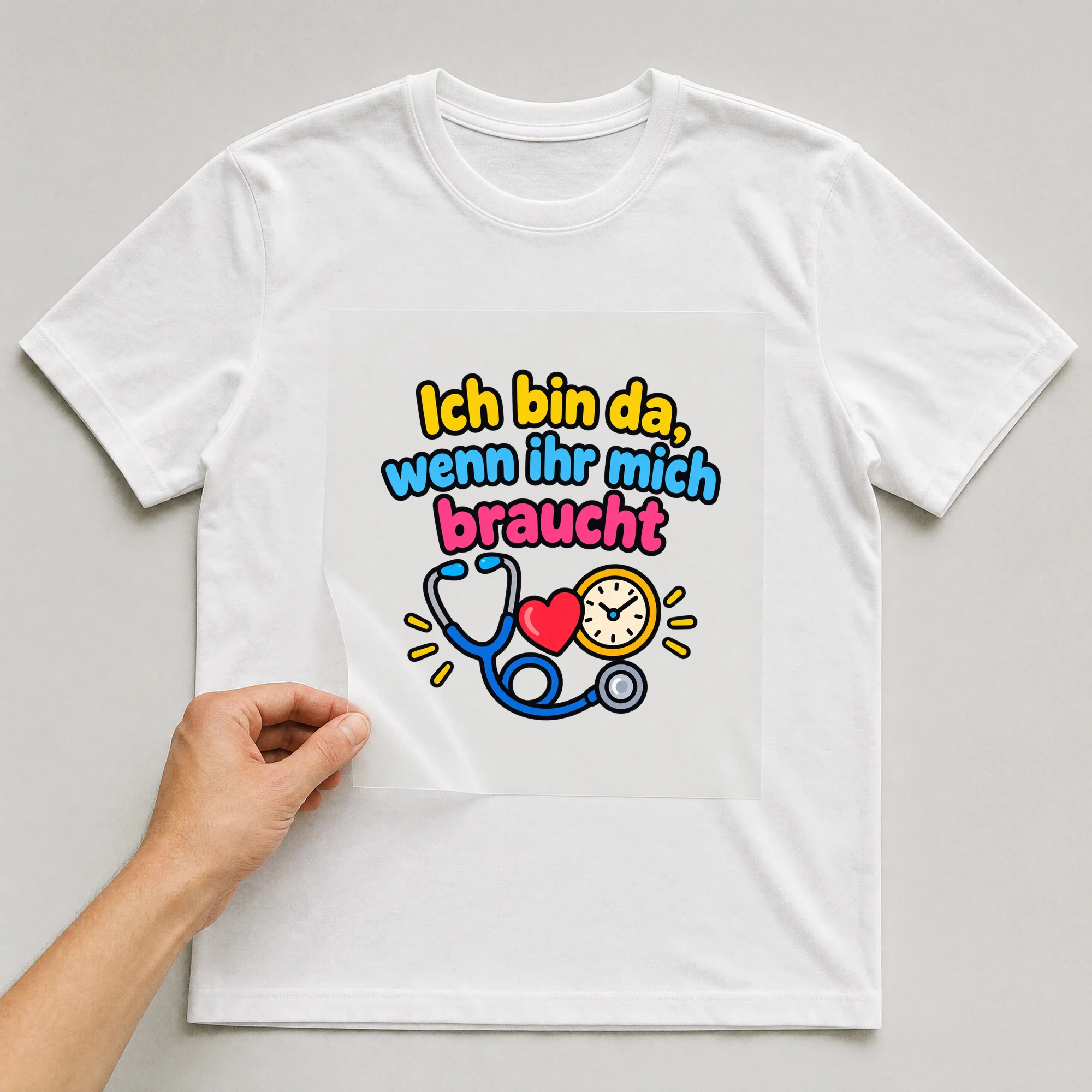 Bügelbild „Ich bin da, wenn ihr mich braucht“ auf weißem T-Shirt, Folie wird aufgelegt