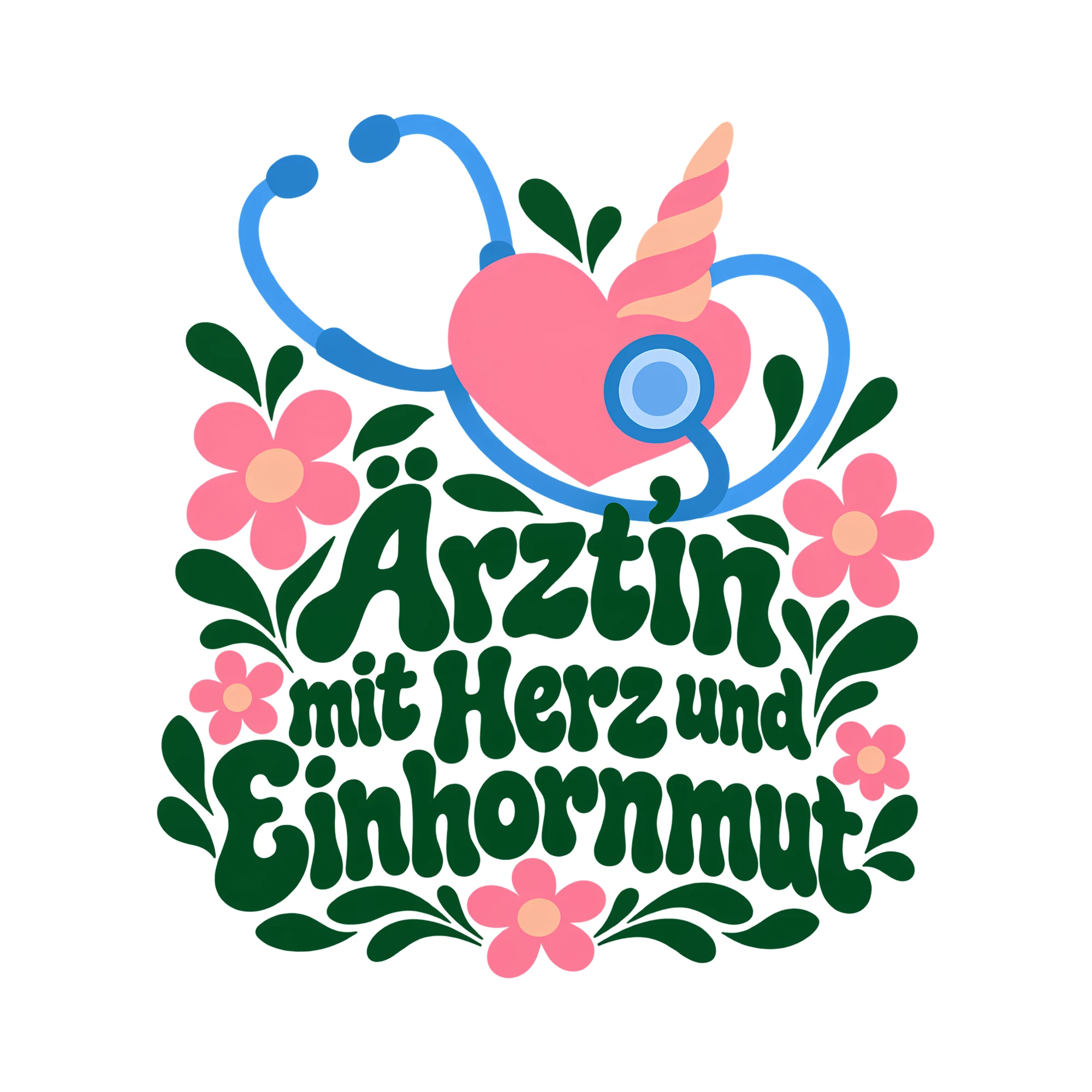 Bügelbild Ärztin mit Herz und Einhornmut als Grafik auf weißem Hintergrund (BB011664)