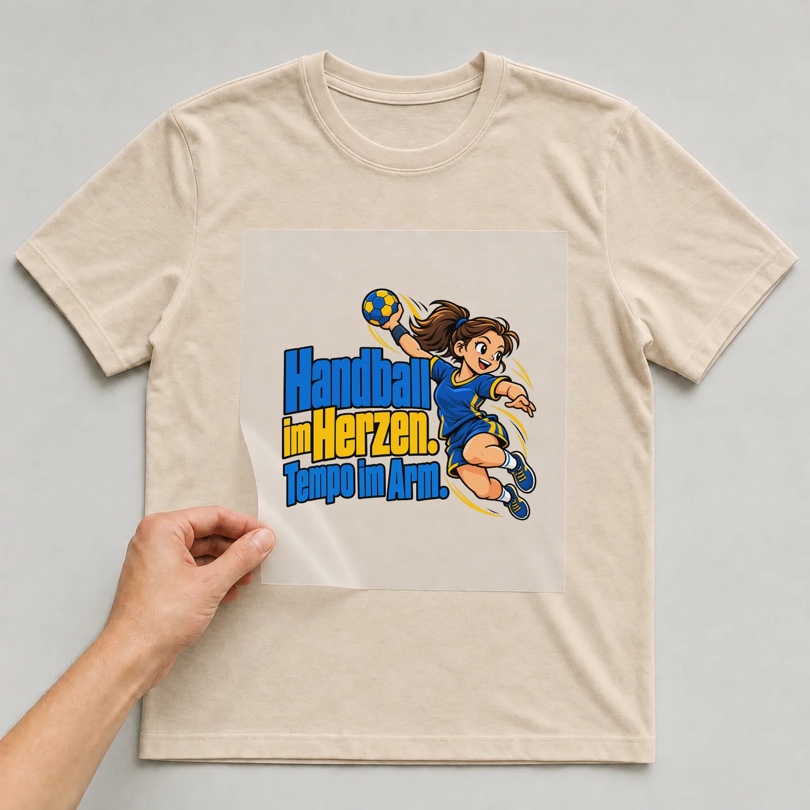 Bügelbild „Handball im Herzen. Tempo im Arm.“ auf beigem T-Shirt, Folie wird aufgelegt