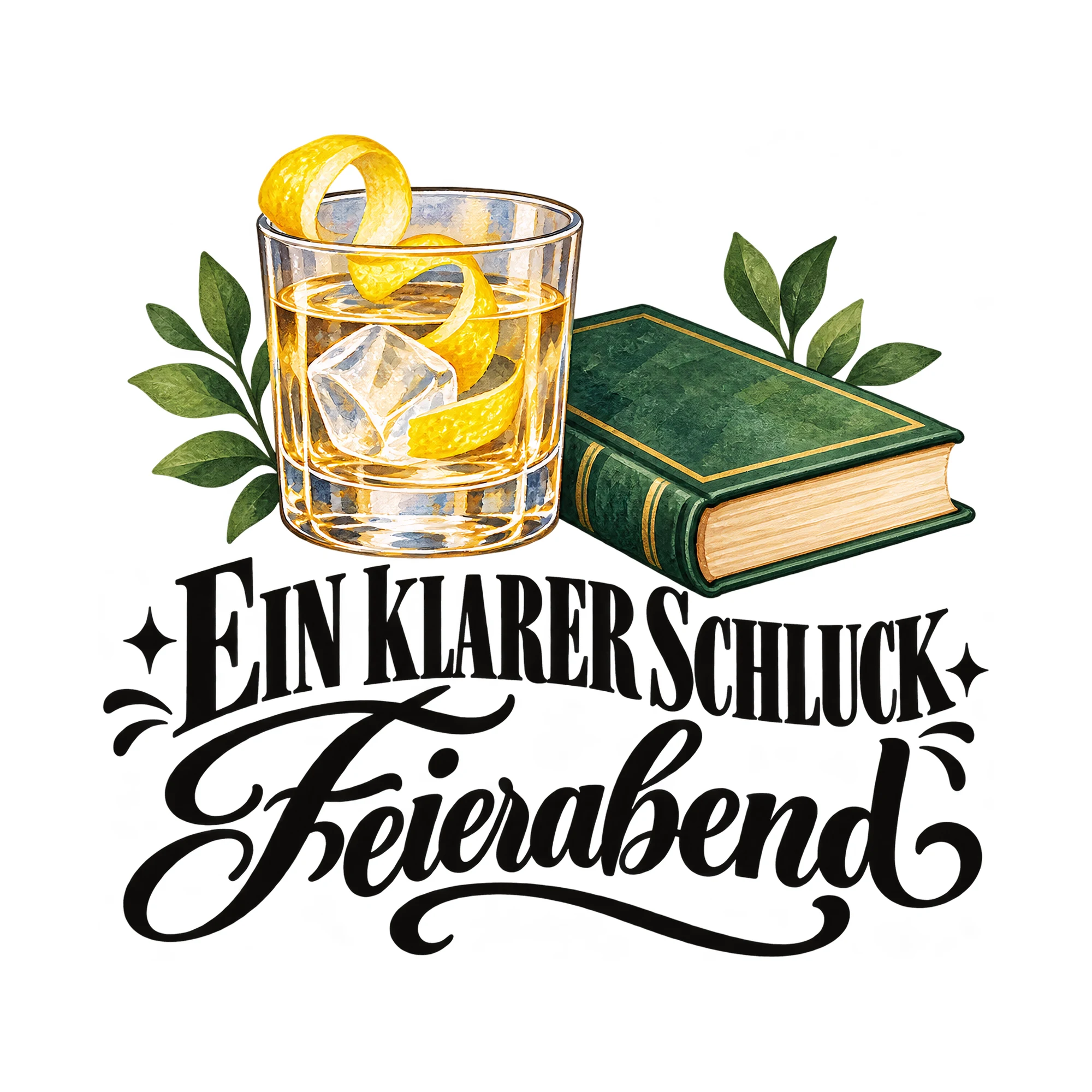 Bügelbild „Ein klarer Schluck Feierabend“, Küchen Spruch Bügelbild als Grafik auf weißem Hintergrund (BB012157)