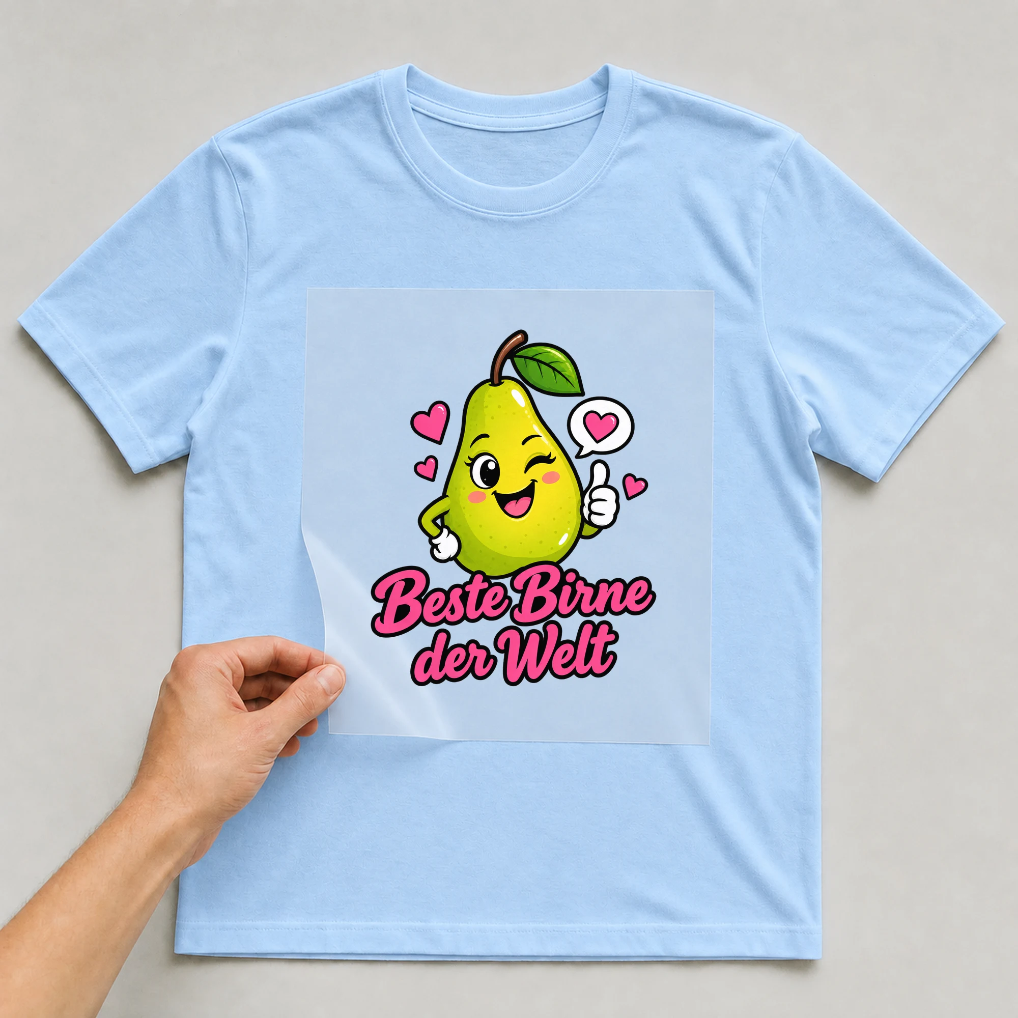 Bügelbild „Birne für immer“ auf babyblauem T-Shirt, Folie wird aufgelegt