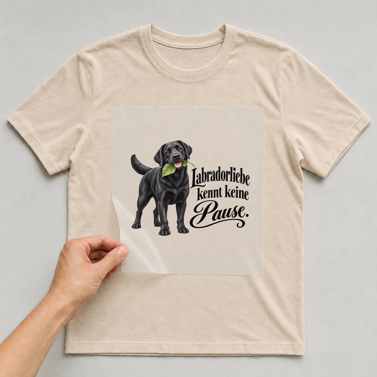 Bügelbild „Labradorliebe kennt keine Pause“ auf beigem T-Shirt, Folie wird aufgelegt