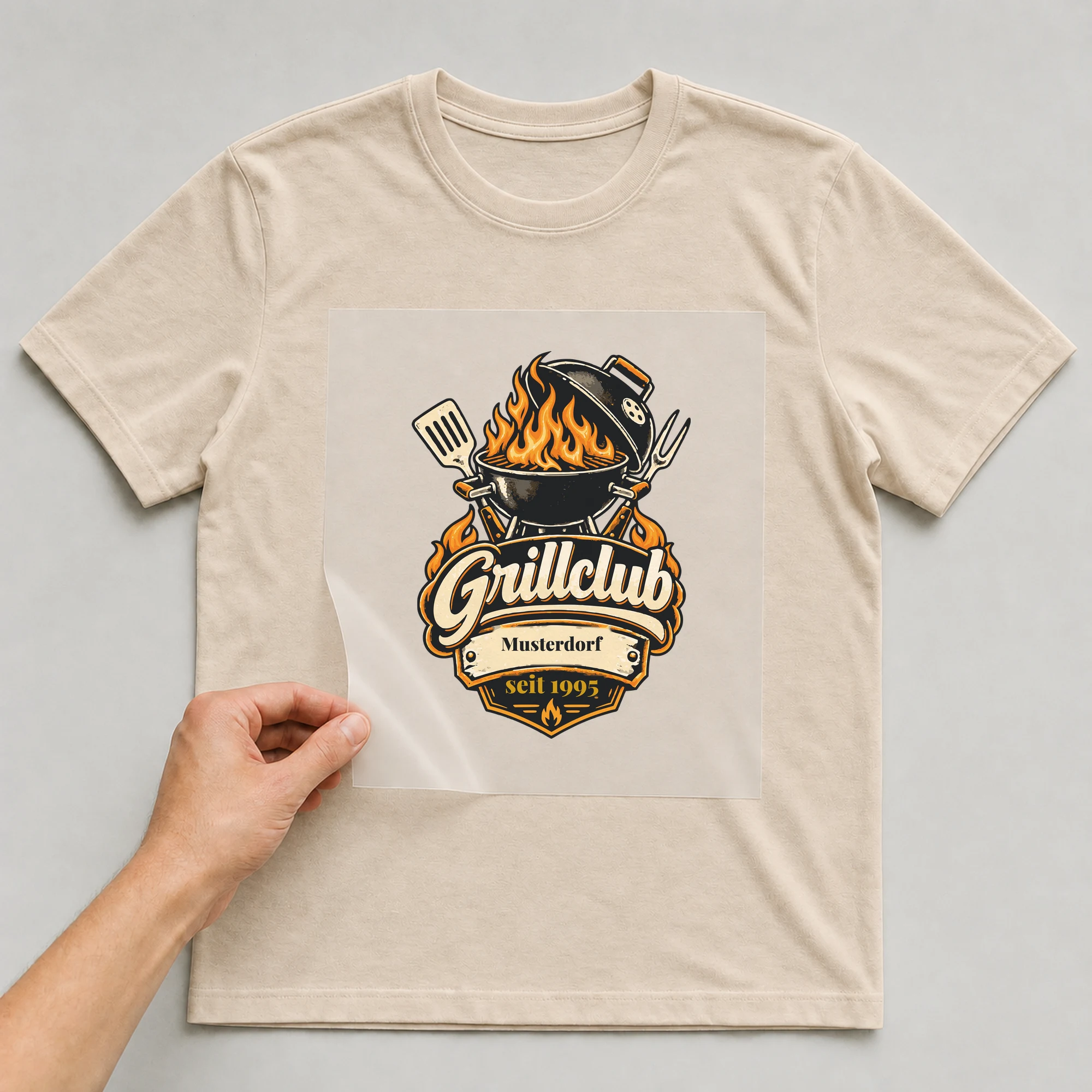 Bügelbild Grillclub mit Ort und Jahr auf beigem T-Shirt, Folie wird aufgelegt
