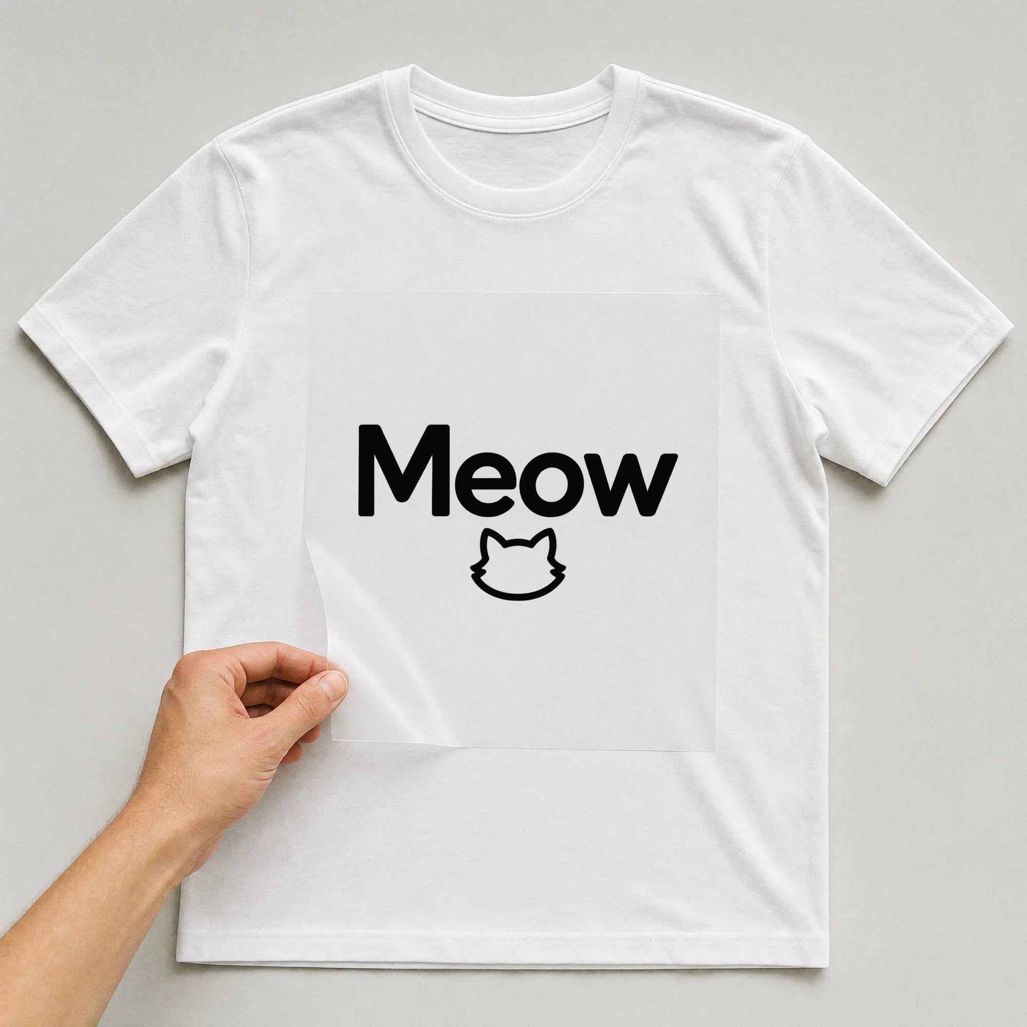 Bügelbild „Meow“ auf weißem T-Shirt, Folie wird aufgelegt