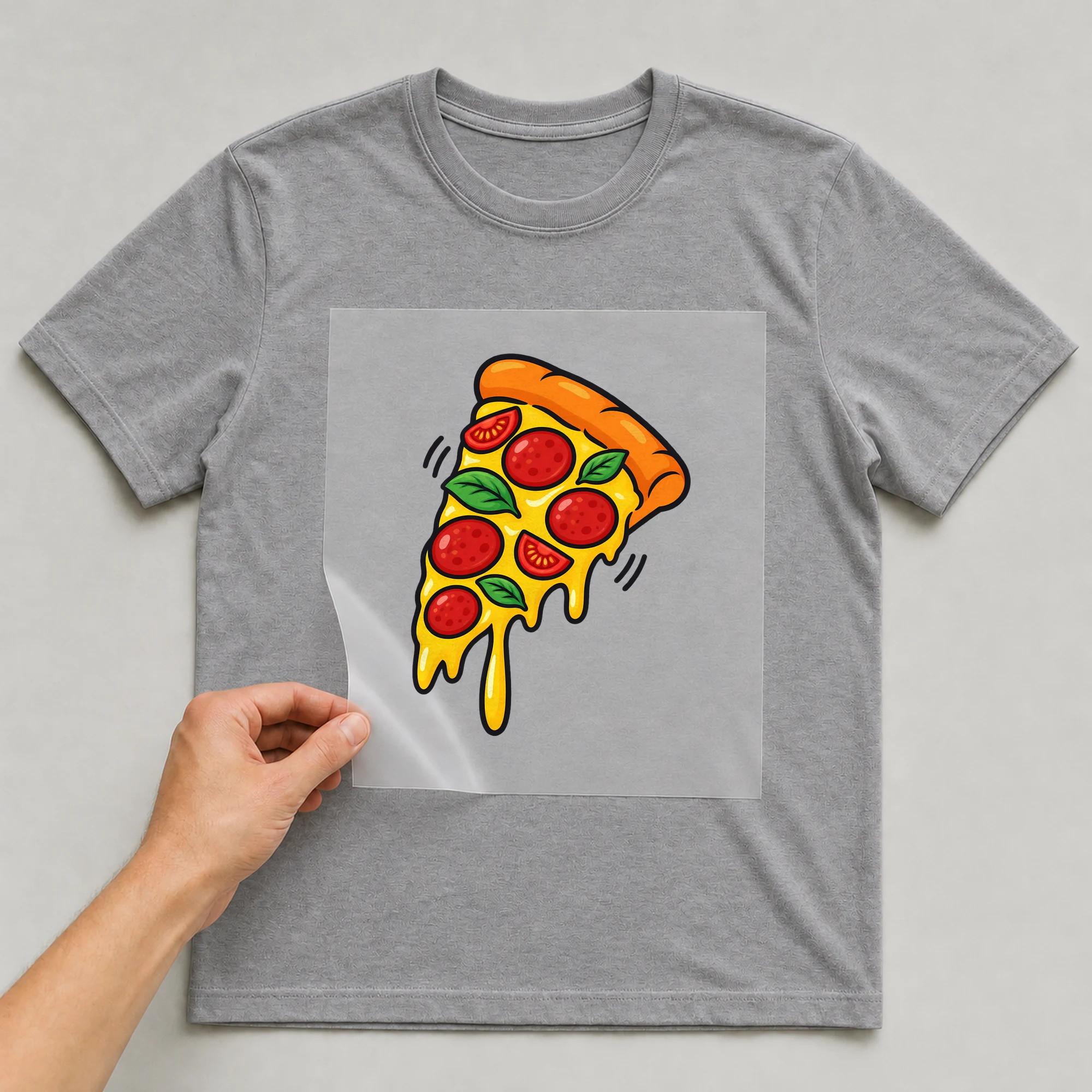 Bügelbild „Pizzastück im Comic-Stil“ auf grauem T-Shirt, Folie wird aufgelegt