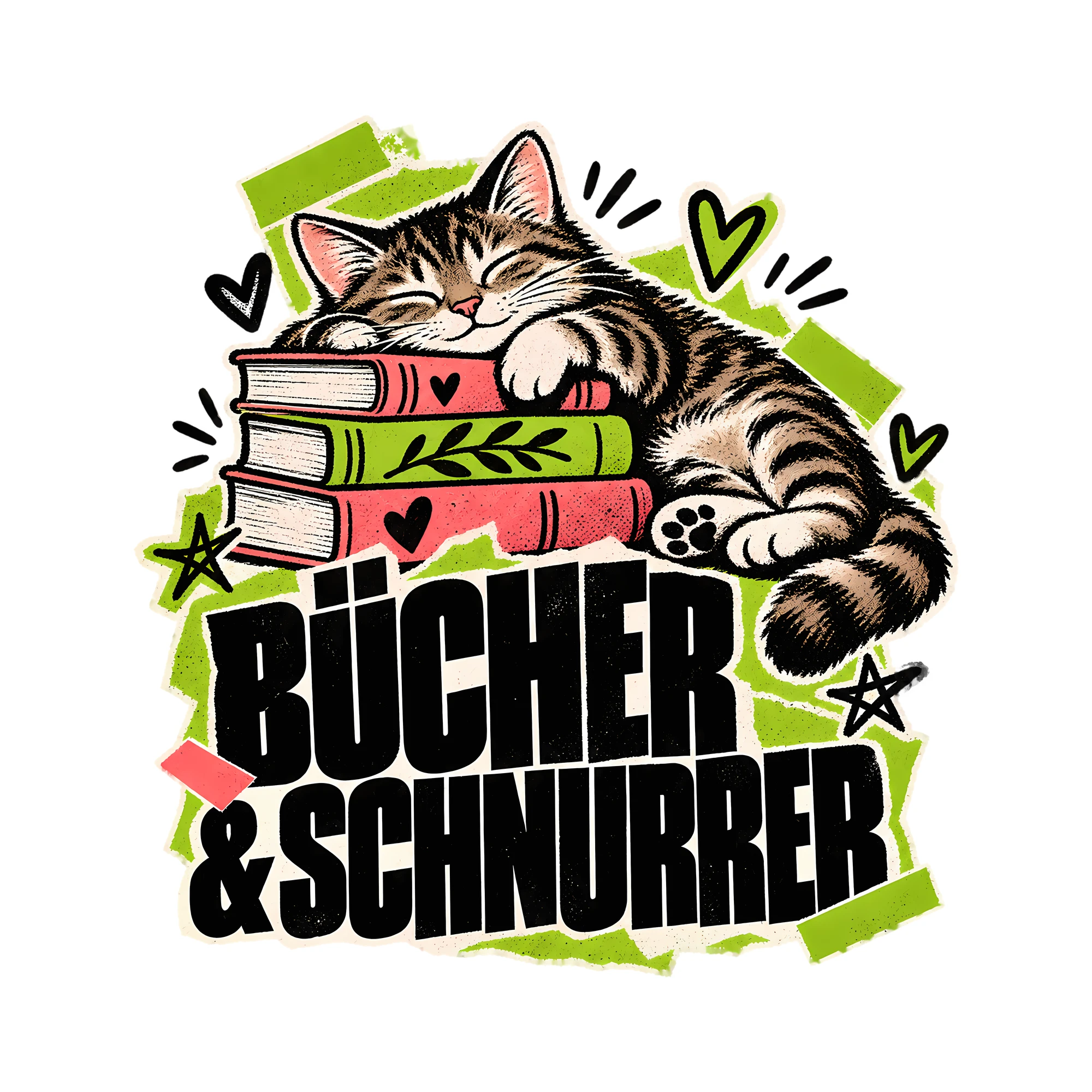 Bügelbild Bücher & Schnurren als Grafik auf weißem Hintergrund (BB012843)
