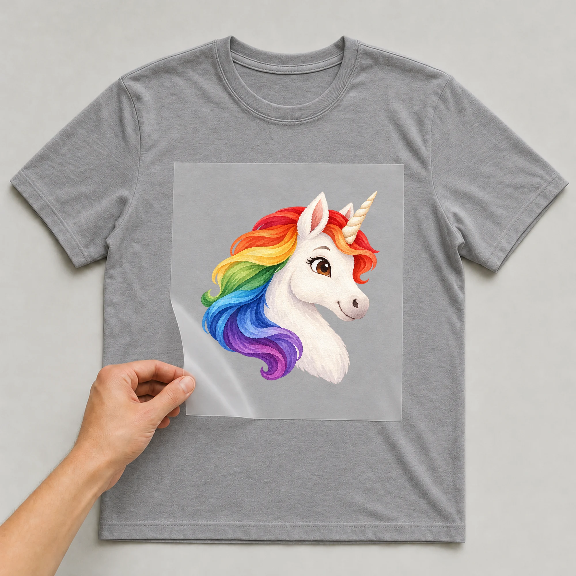 Bügelbild „Unicorn Rainbow“ auf grauem T-Shirt, Folie wird aufgelegt