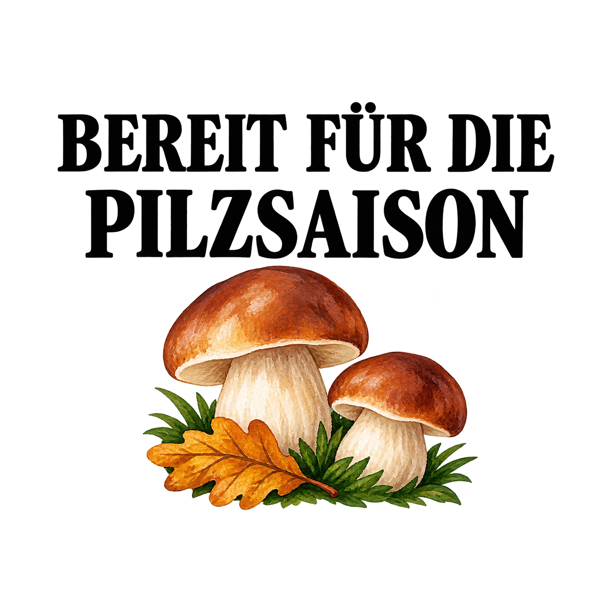 Bügelbild „Bereit für die Pilzsaison“, Retro Shirt Spruch als Grafik auf weißem Hintergrund (BB015529)