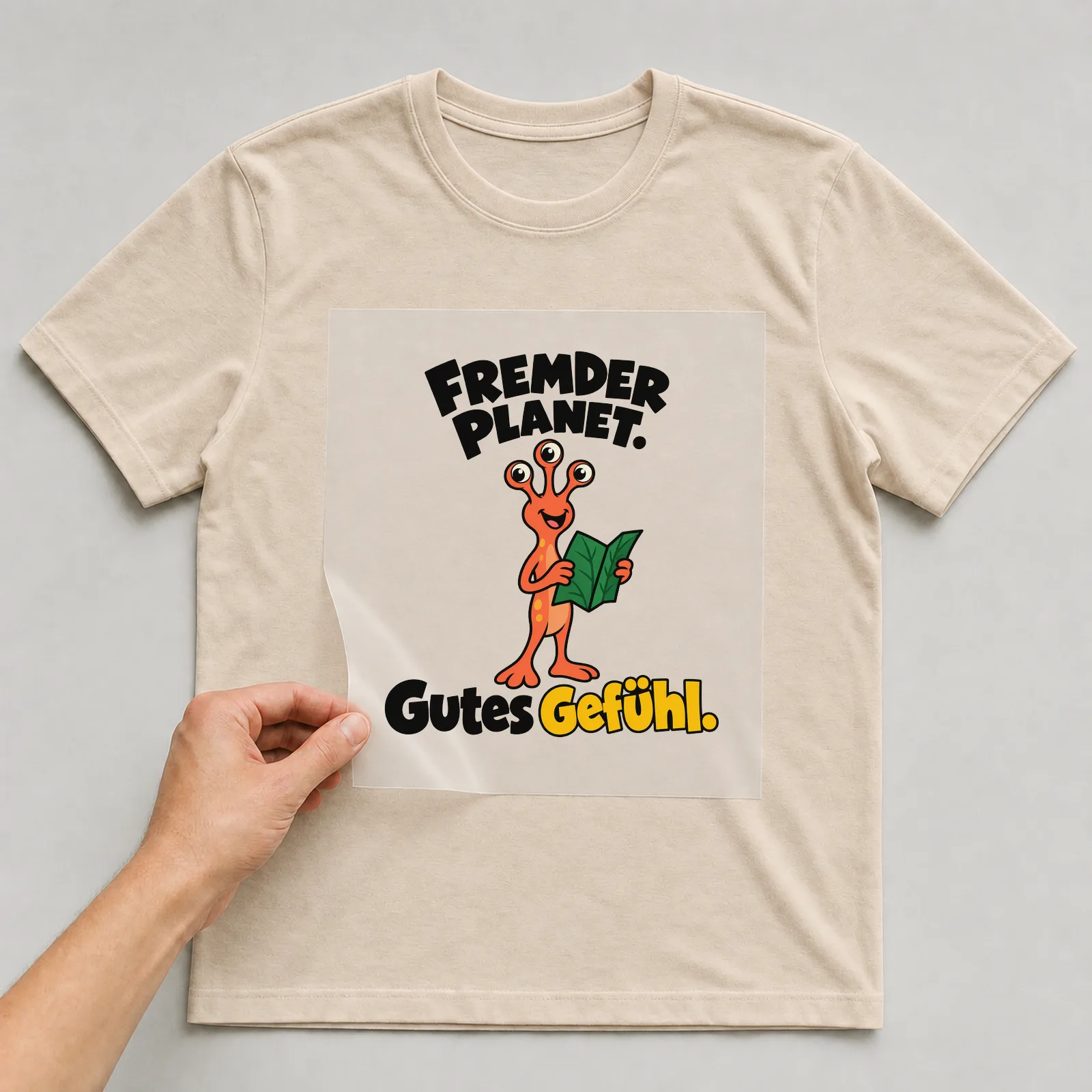 Bügelbild „Fremder Planet. Gutes Gefühl.“ auf beigem T-Shirt, Folie wird aufgelegt