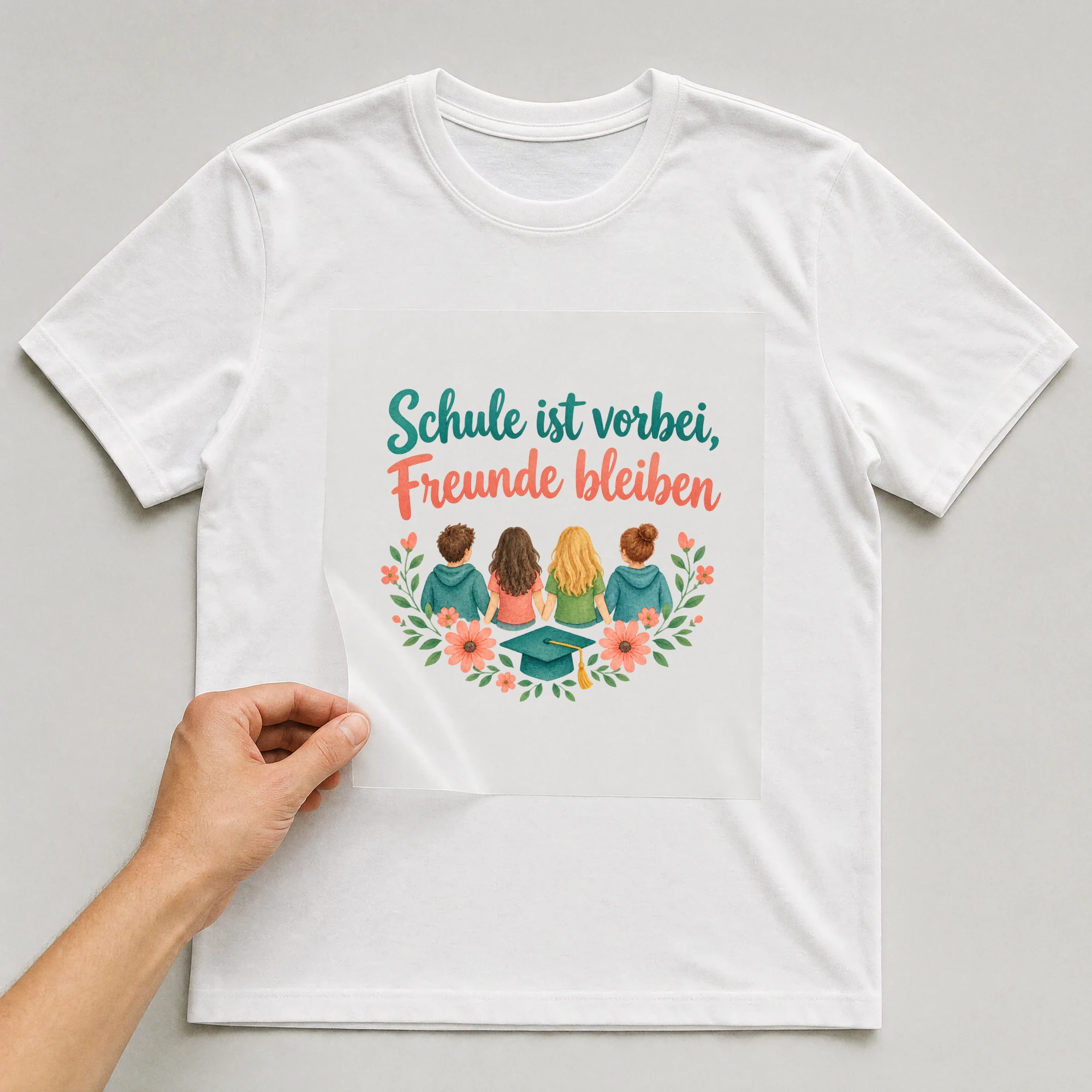 Bügelbild „Schule ist vorbei, Freunde bleiben“ auf weißem T-Shirt, Folie wird aufgelegt