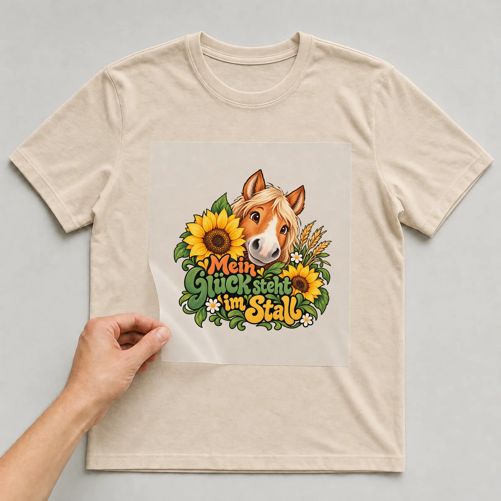 Bügelbild „Mein Glück steht im Stall“ auf beigem T-Shirt, Folie wird aufgelegt