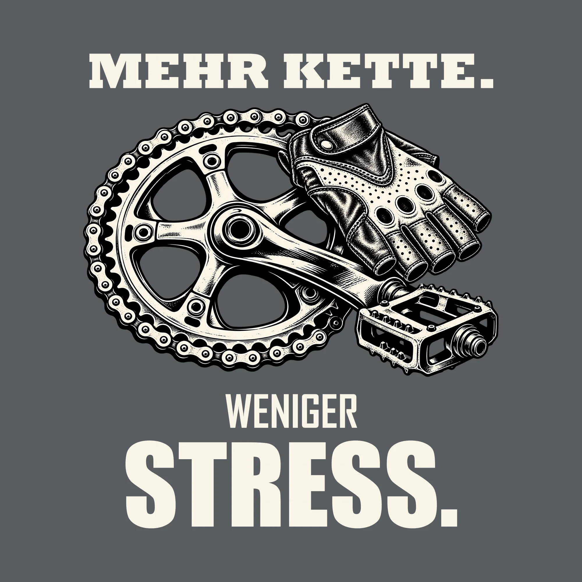 Bügelbild MEHR KETTE. WENIGER STRESS. als Grafik auf dunklem Hintergrund (BB013694)