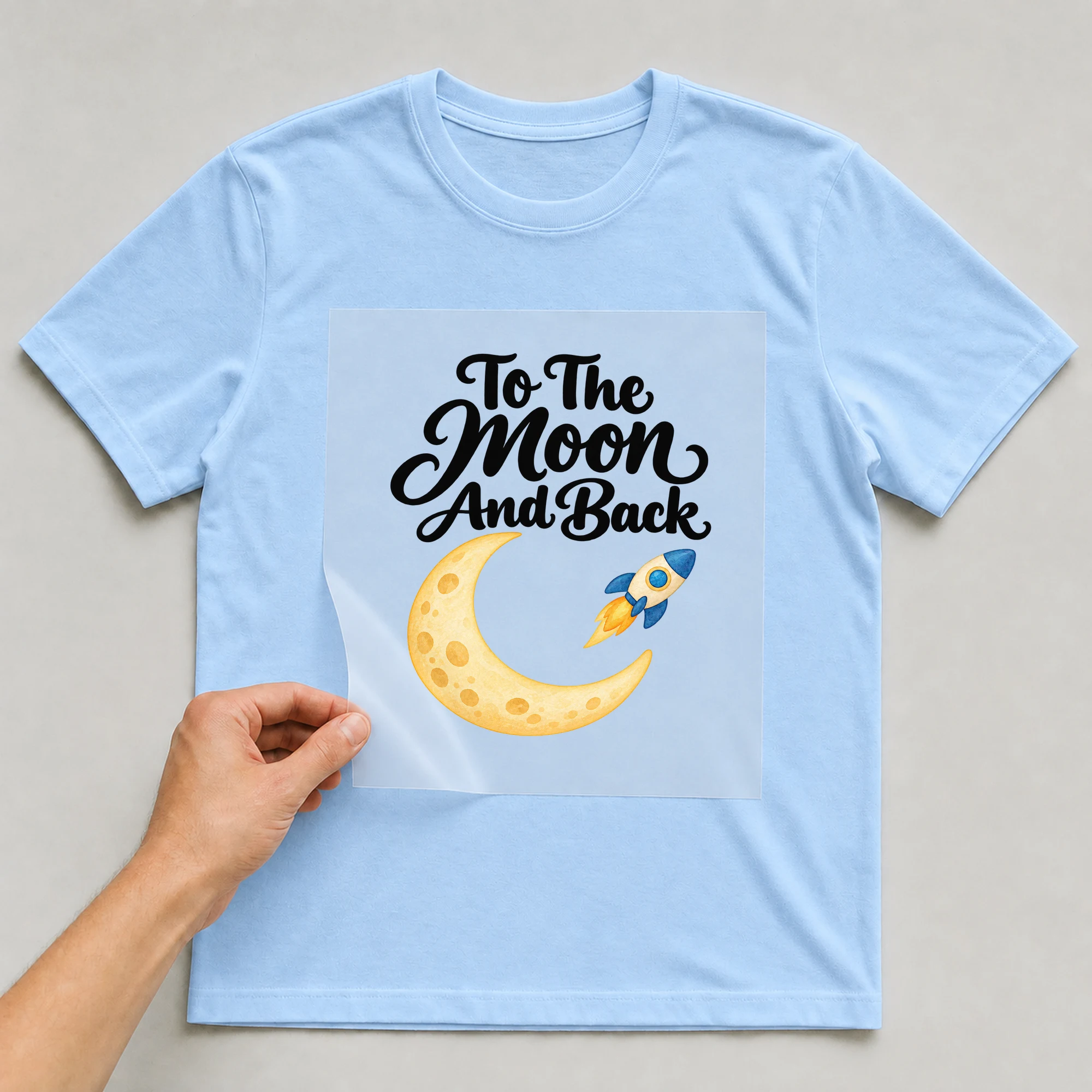 Bügelbild „To The Moon And Back“ auf babyblauem T-Shirt, Folie wird aufgelegt