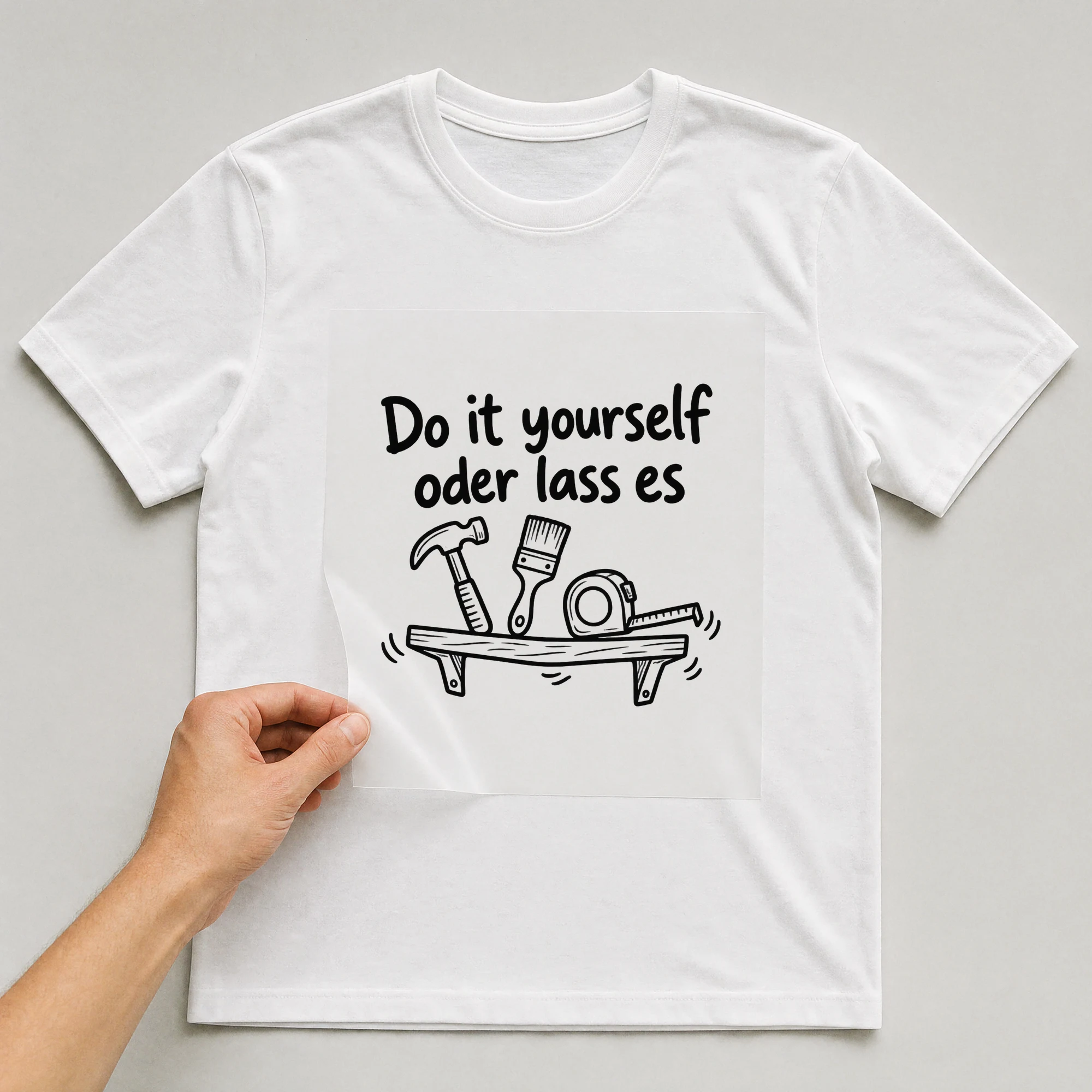 Bügelbild „Do it yourself oder lass es“ auf weißem T-Shirt, Folie wird aufgelegt
