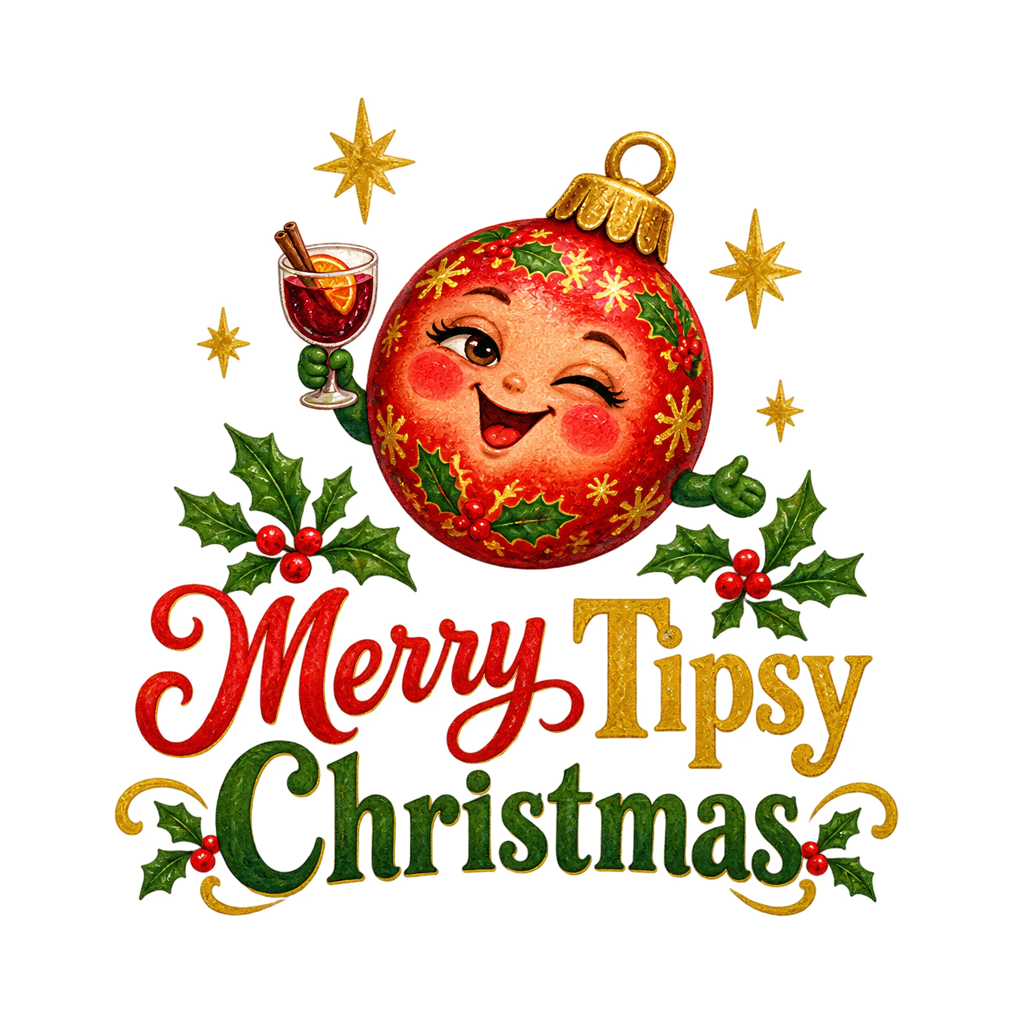 Bügelbild Merry Tipsy Christmas, Weihnachtspullover Spruch als Grafik auf weißem Hintergrund (BB017220)