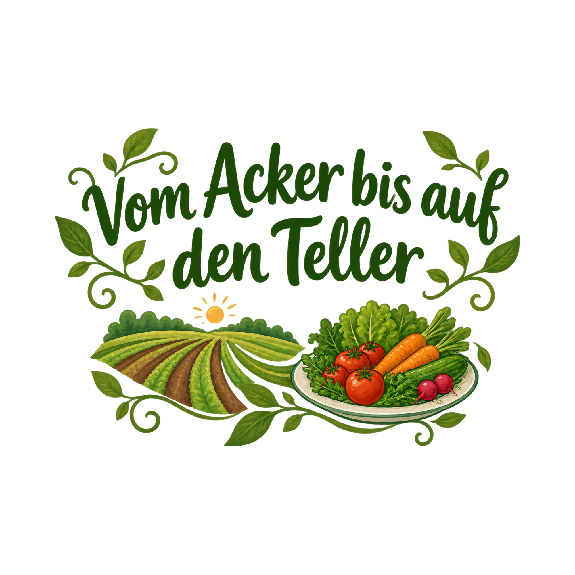 Bügelbild Vom Acker bis auf den Teller als Grafik auf weißem Hintergrund (BB020307)