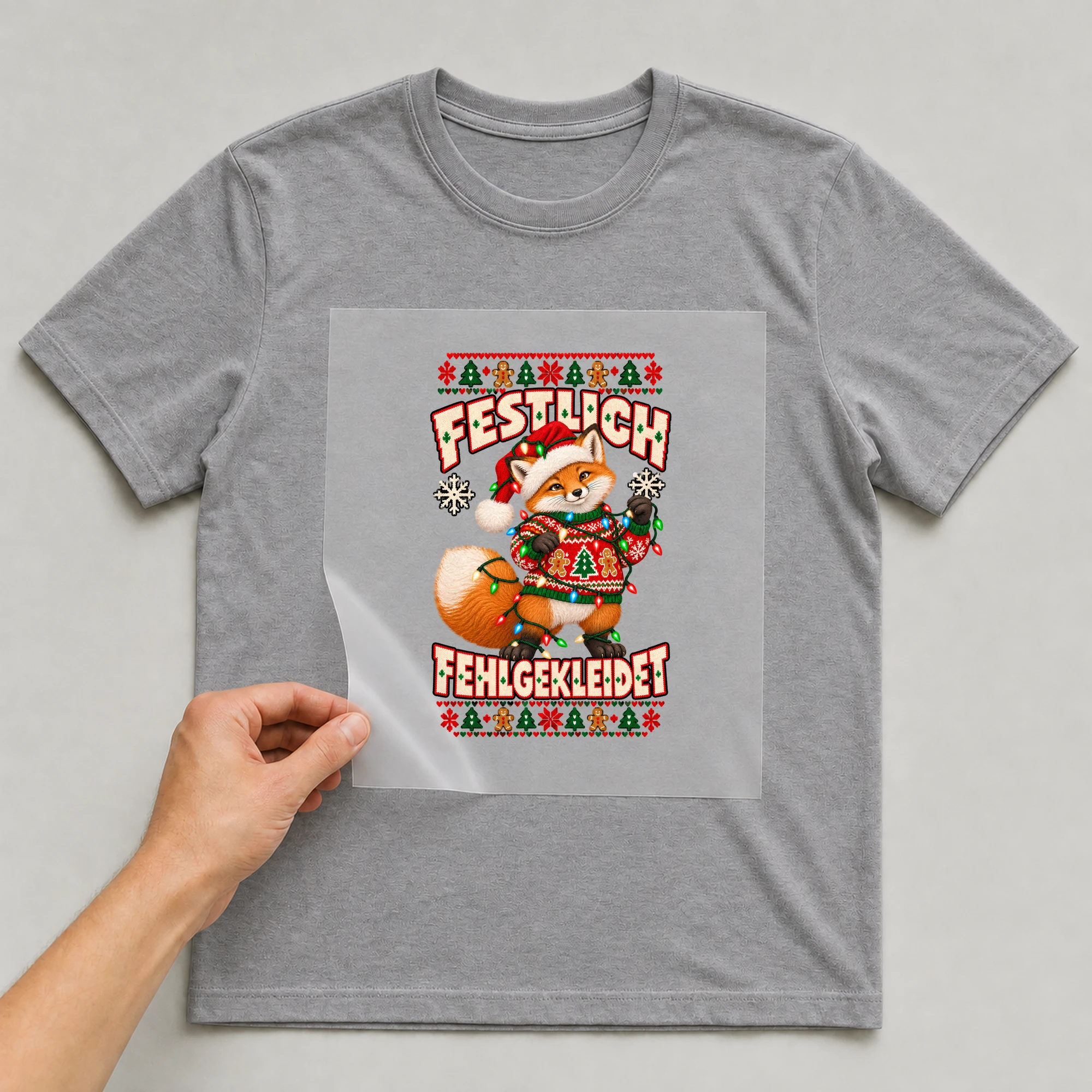 Bügelbild Festlich fehlgekleidet (Fuchs mit Lichterkette) auf grauem T-Shirt, Folie wird aufgelegt
