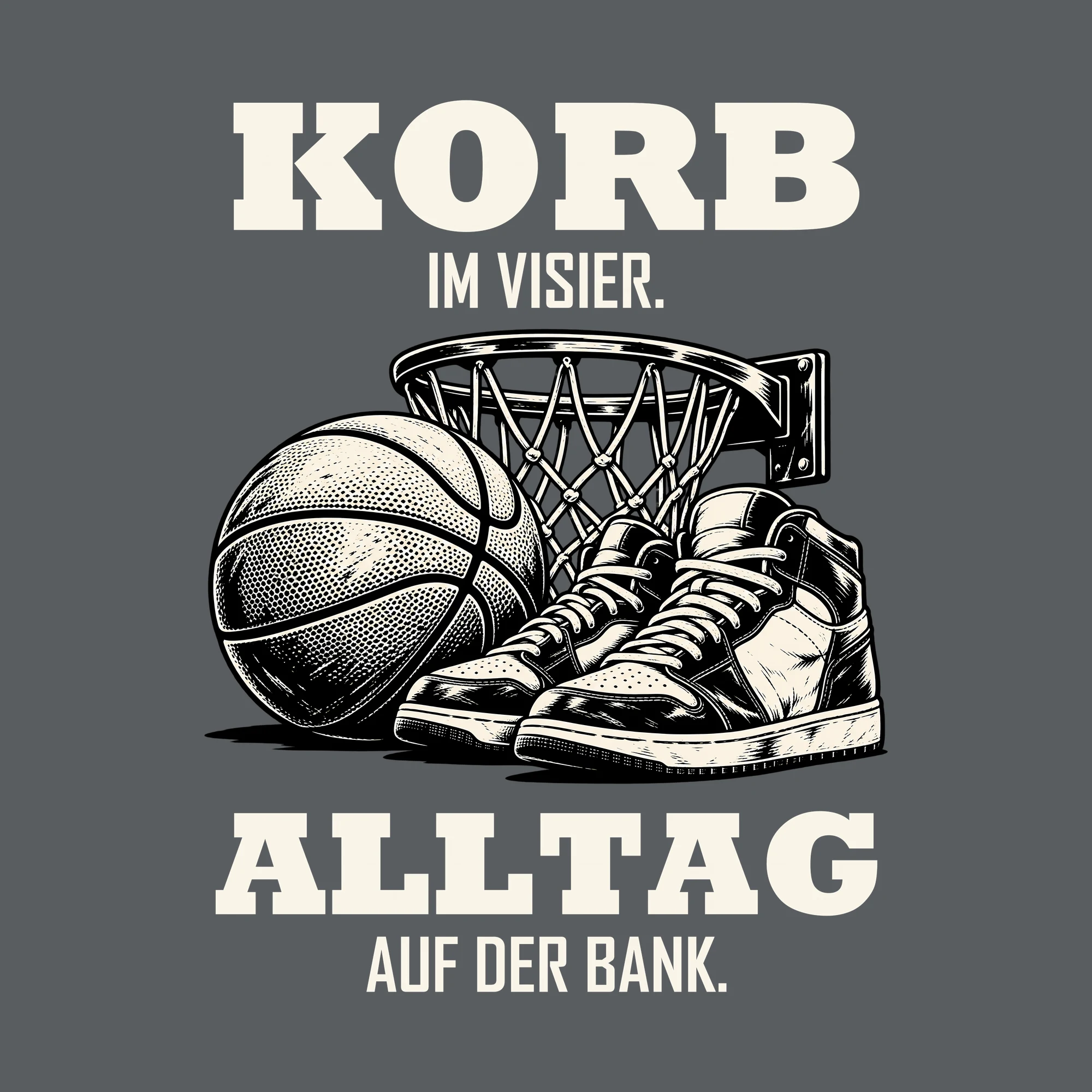 Bügelbild KORB IM VISIER. ALLTAG AUF DER BANK. als Grafik auf dunklem Hintergrund (BB013713)