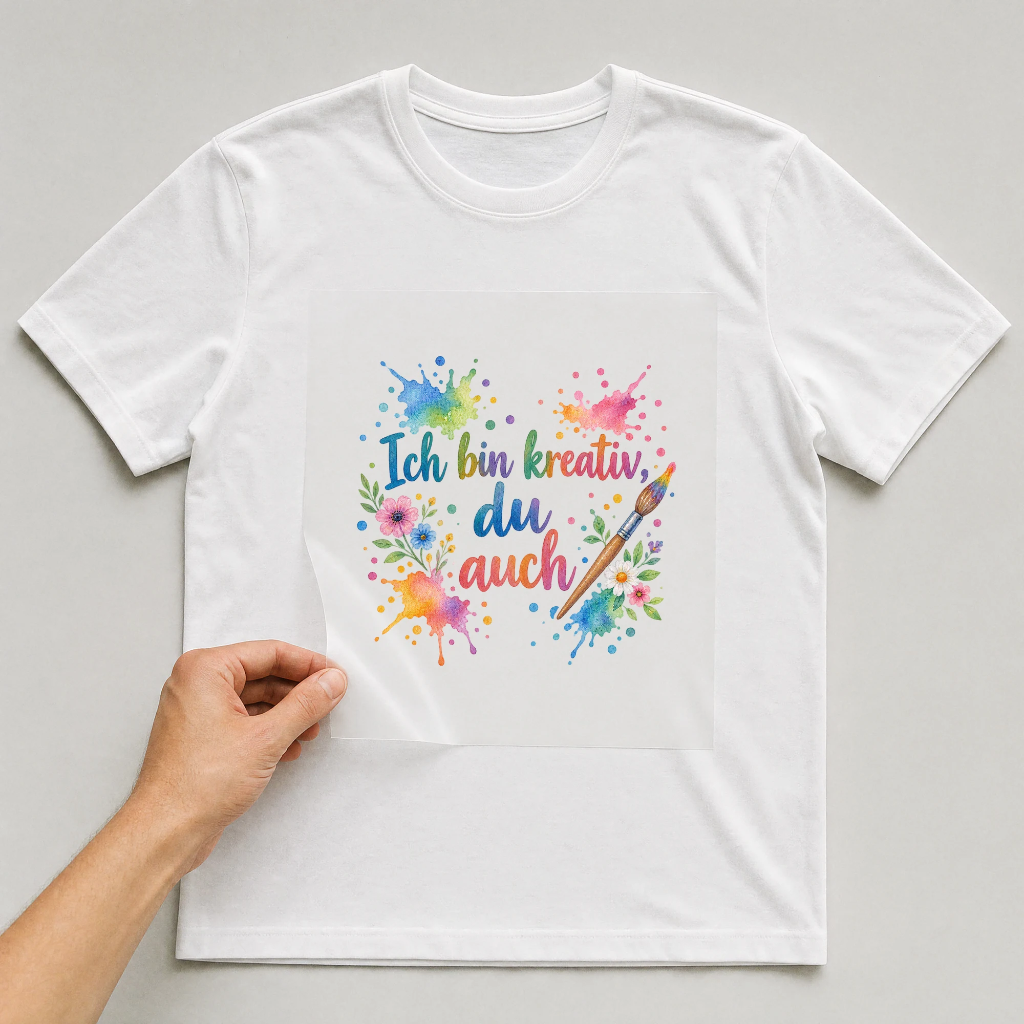 Bügelbild „Ich bin kreativ, du auch“ auf weißem T-Shirt, Folie wird aufgelegt