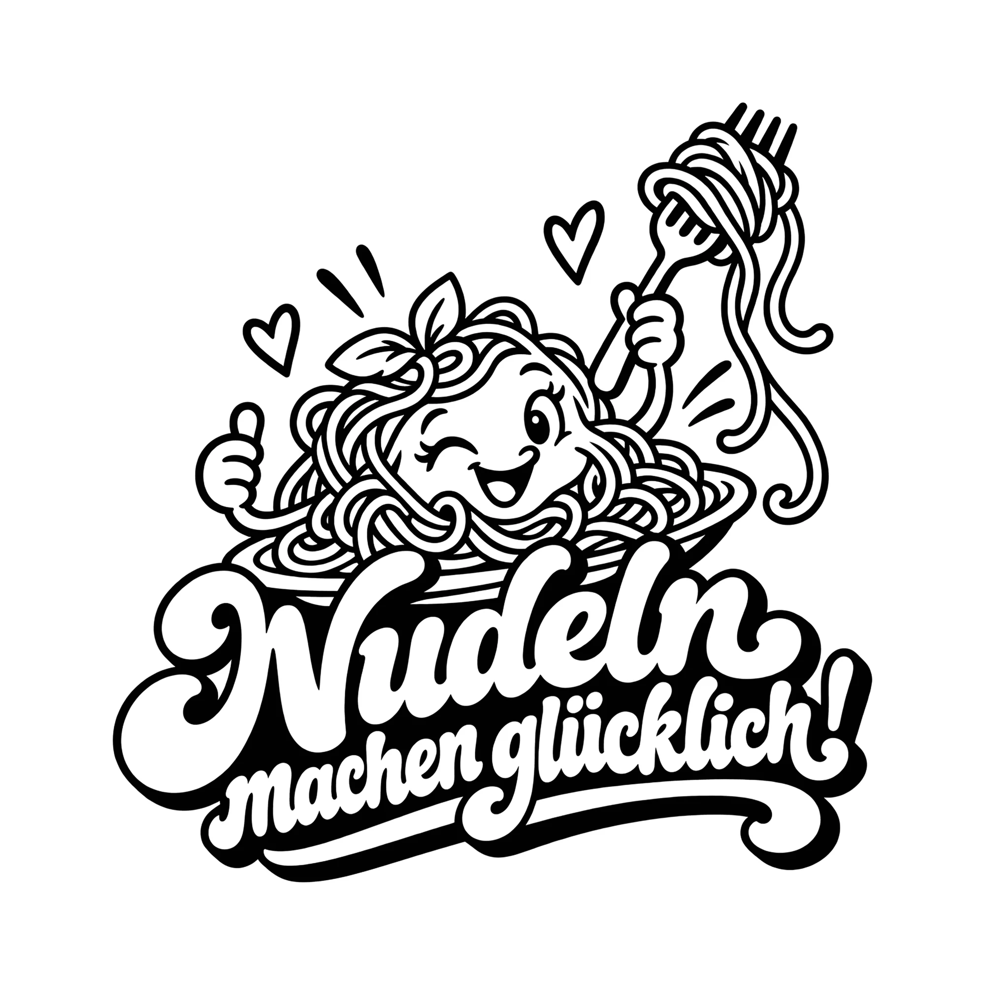 Bügelbild Nudeln machen glücklich! als Grafik auf weißem Hintergrund (BB012093)