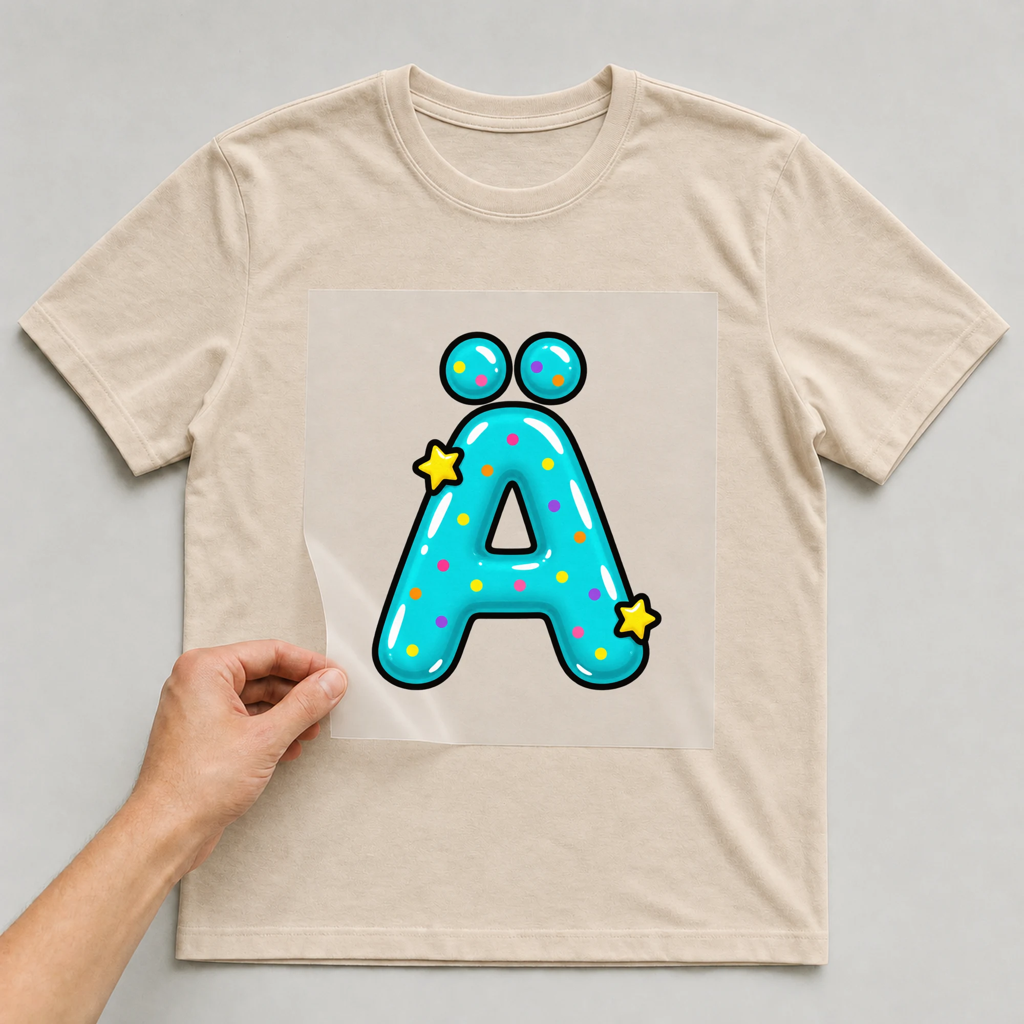 Bügelbild „Buchstabe Ä im Comic-Ballon-Stil“ auf beigem T-Shirt, Folie wird aufgelegt