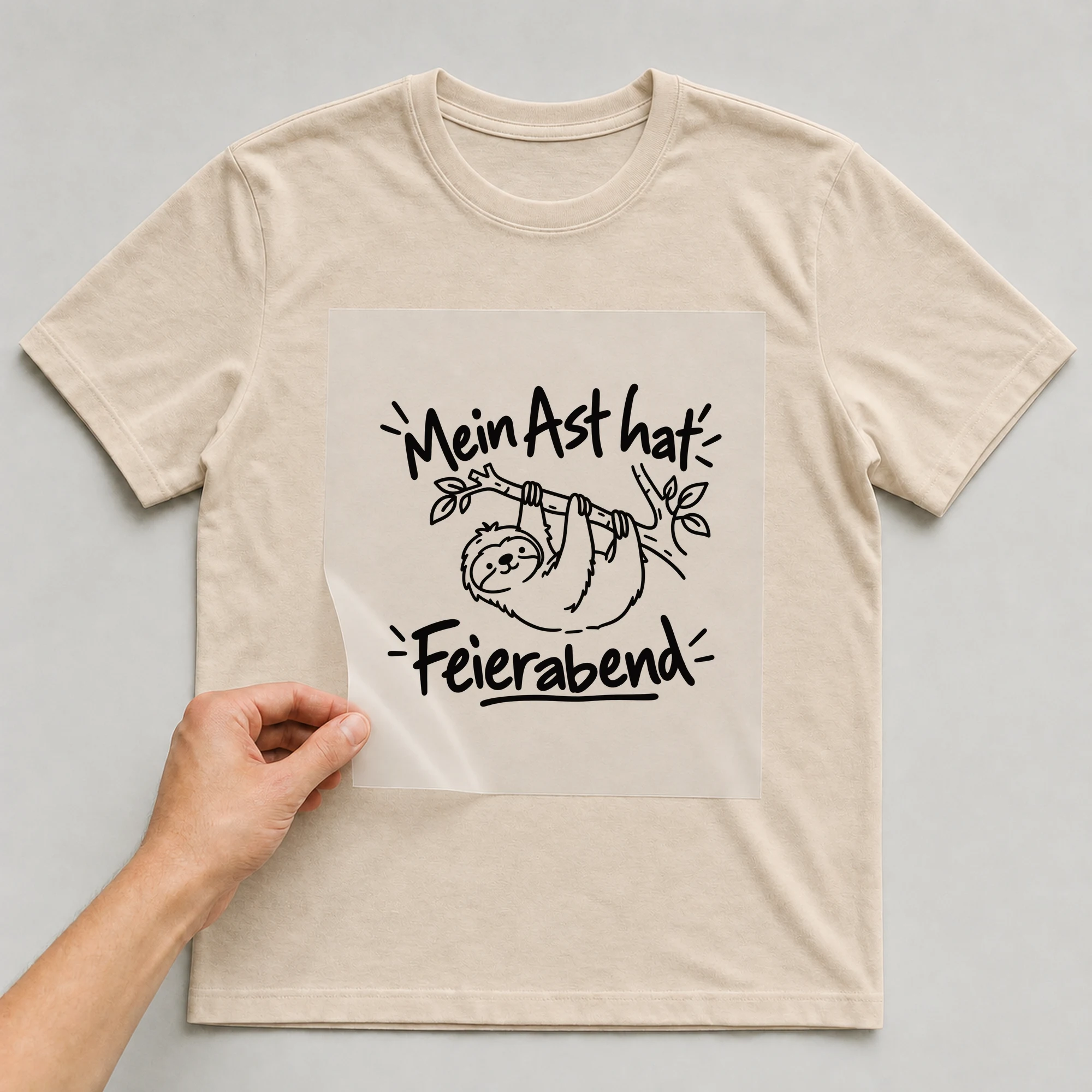 Bügelbild „Mein Ast hat Feierabend“ auf beigem T-Shirt, Folie wird aufgelegt