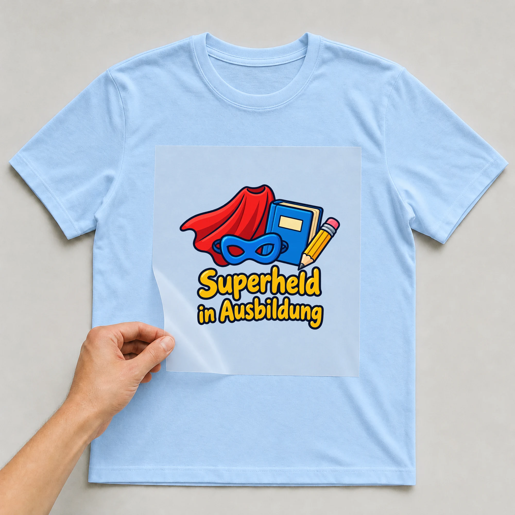 Bügelbild „Superheld in Ausbildung“ auf babyblauem T-Shirt, Folie wird aufgelegt