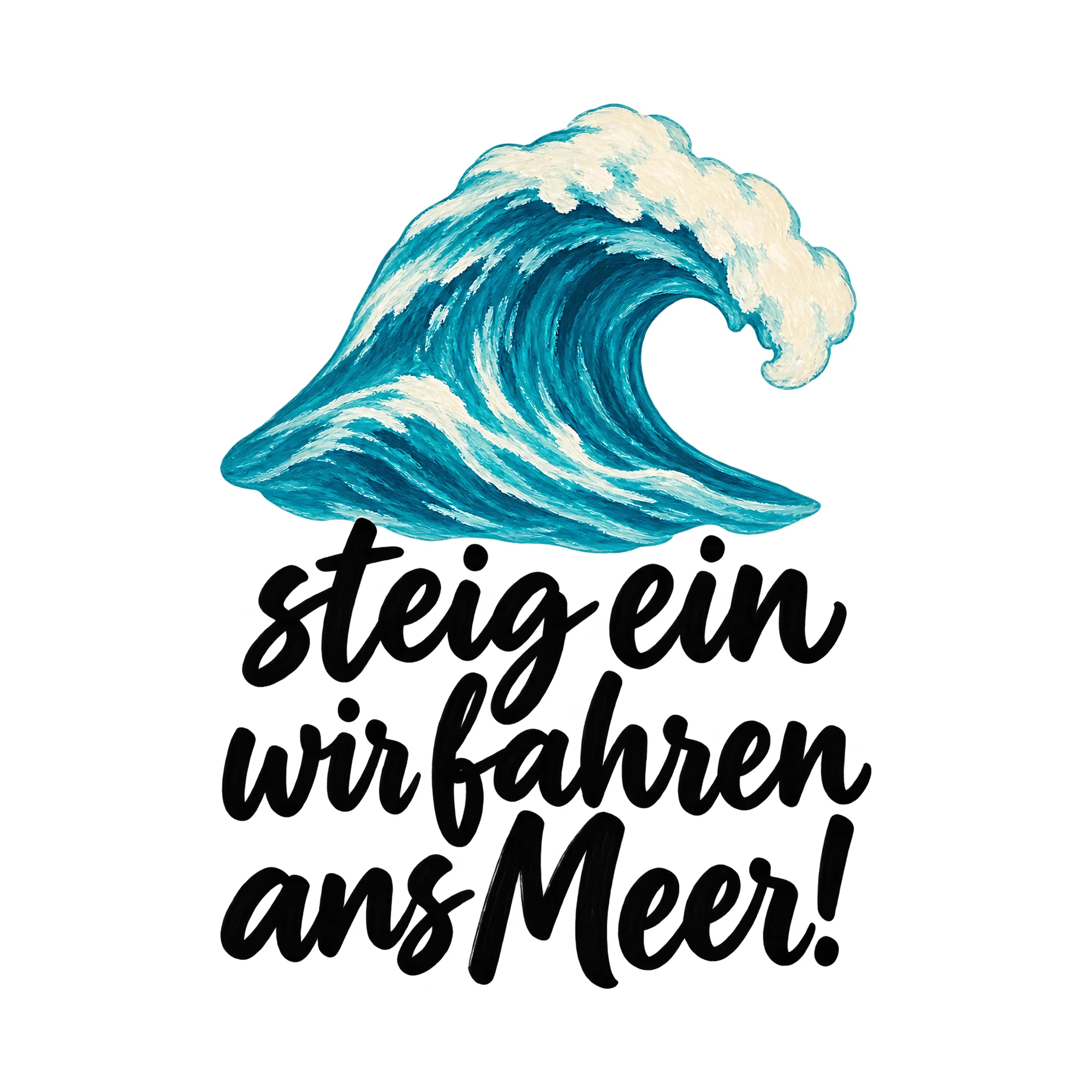 Bügelbild steig ein wir fahren ans Meer!, Urlaub Shirt Spruch als Grafik auf weißem Hintergrund (BB015402)