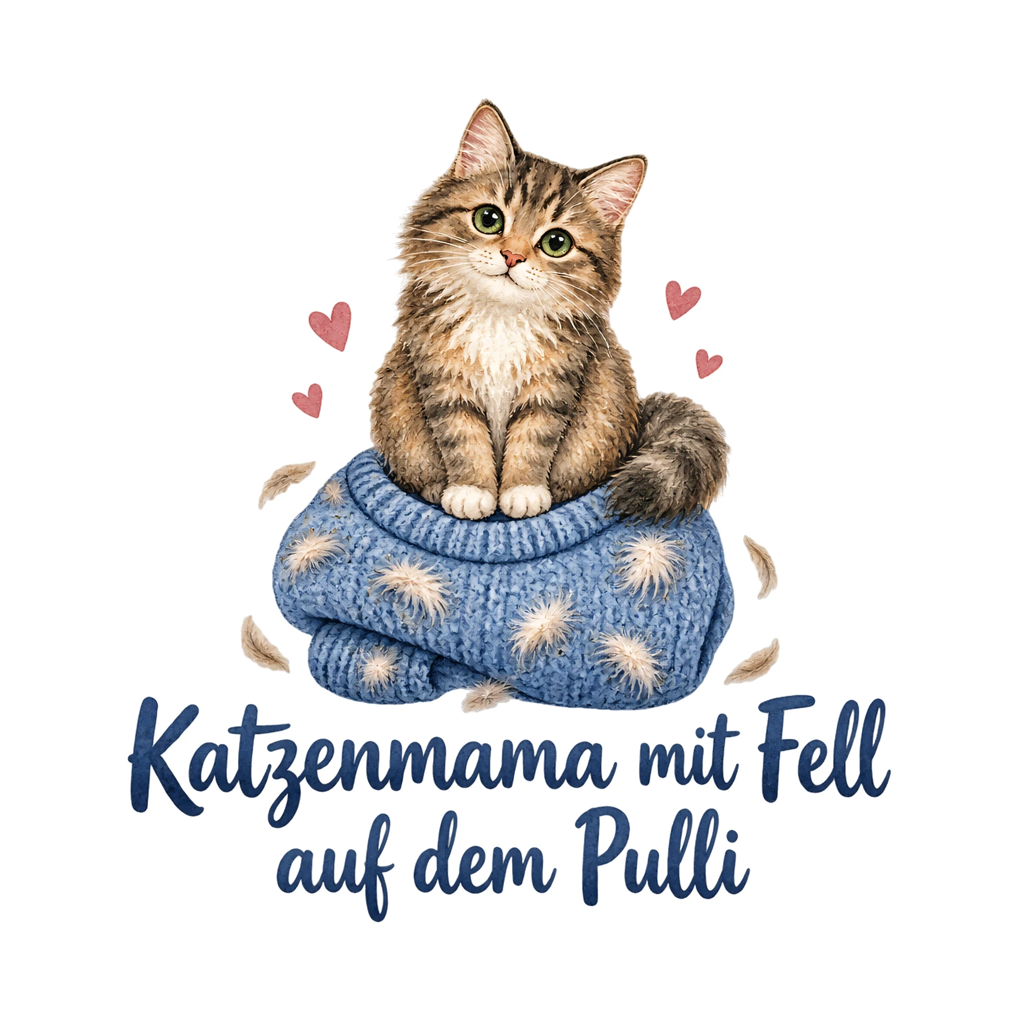 Bügelbild Katzenmama mit Fell auf dem Pulli als Grafik auf weißem Hintergrund (BB019758)