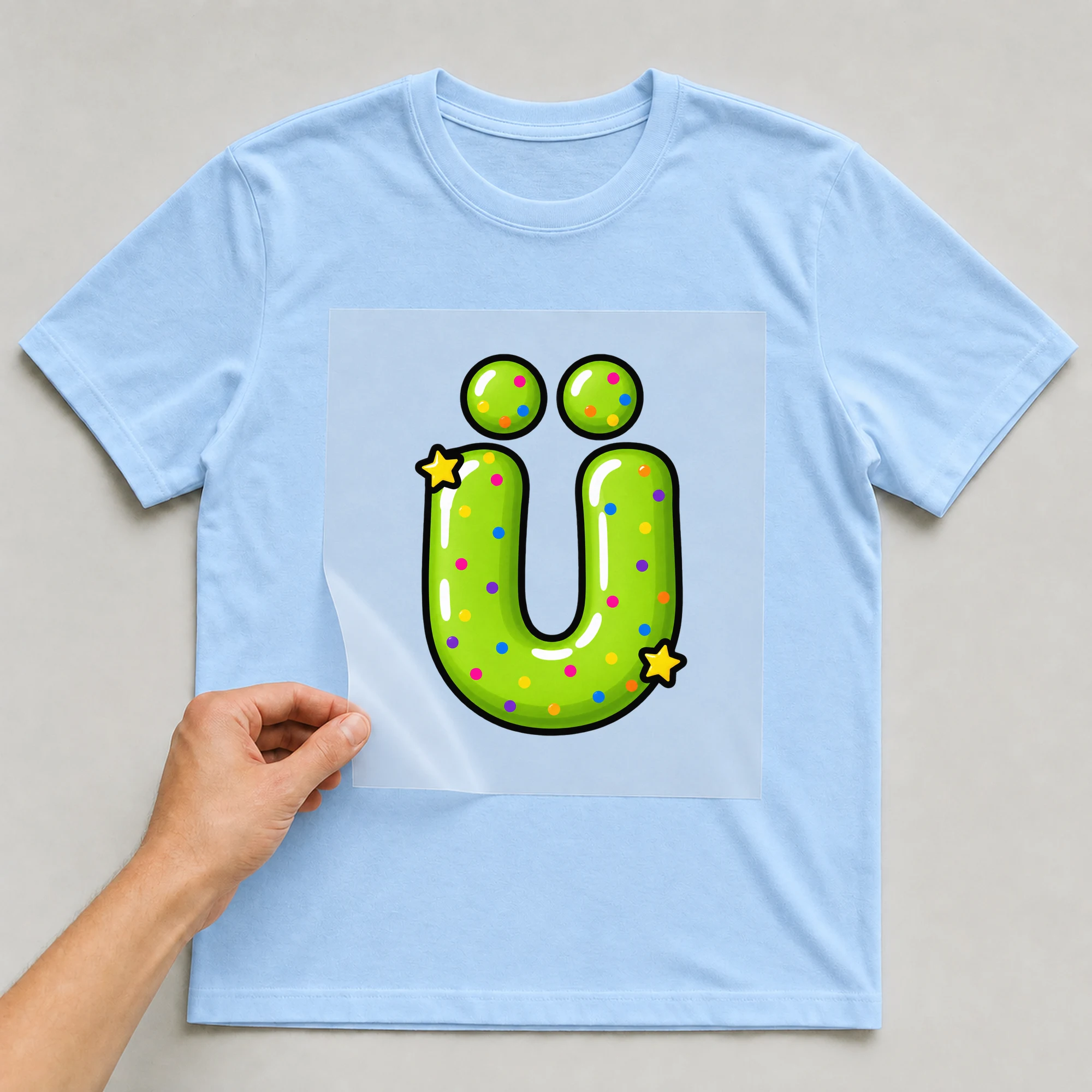Bügelbild „Buchstabe Ü im Comic-Ballon-Stil“ auf babyblauem T-Shirt, Folie wird aufgelegt