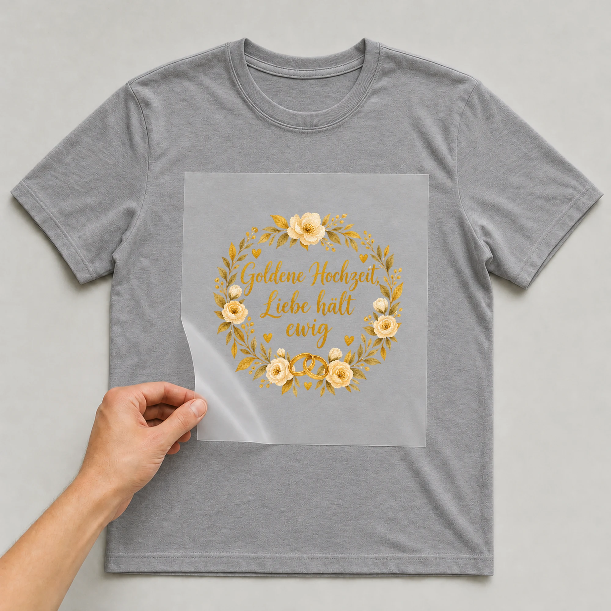 Bügelbild „Goldene Hochzeit, Liebe hält ewig“ auf grauem T-Shirt, Folie wird aufgelegt