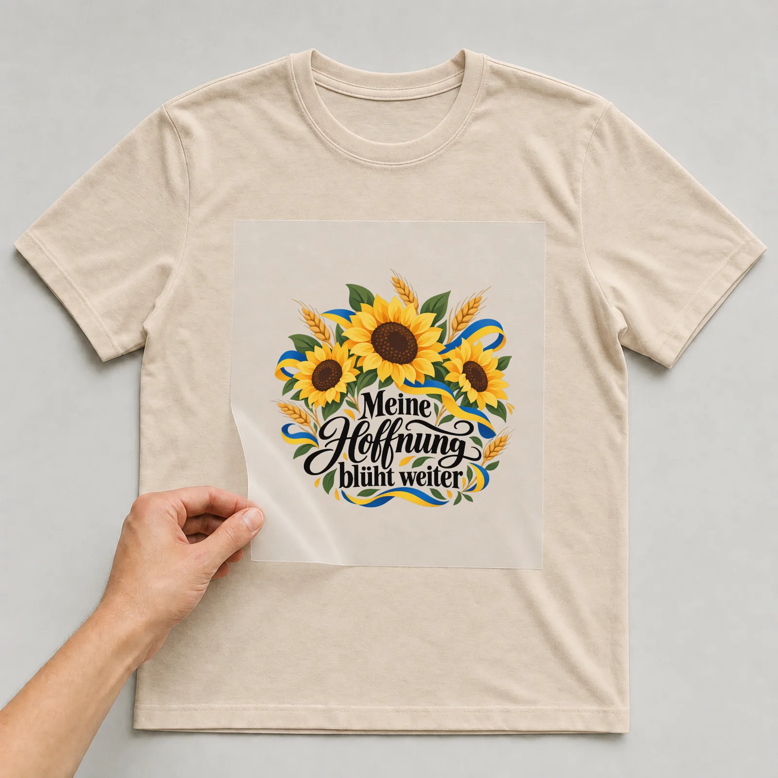 Bügelbild „Meine Hoffnung blüht weiter“ auf beigem T-Shirt, Folie wird aufgelegt