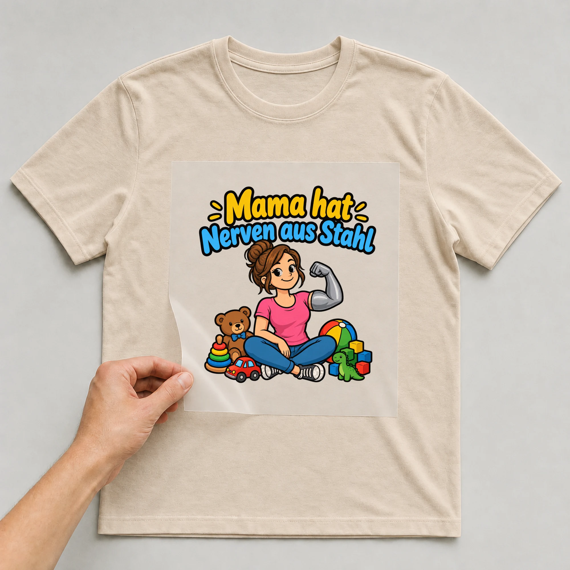Bügelbild „Mama hat Nerven aus Stahl“ auf beigem T-Shirt, Folie wird aufgelegt