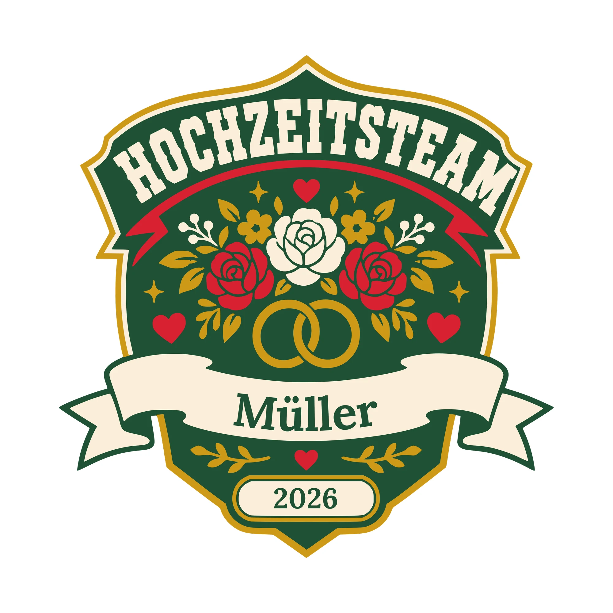 Bügelbild Hochzeitsteam mit Nachname und Jahr als Grafik auf weißem Hintergrund (BB010504)
