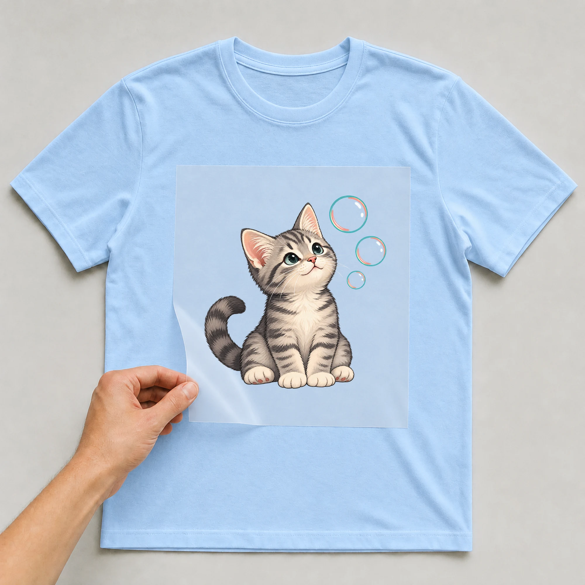 Bügelbild „Katze Und Seifenblasen“ auf babyblauem T-Shirt, Folie wird aufgelegt
