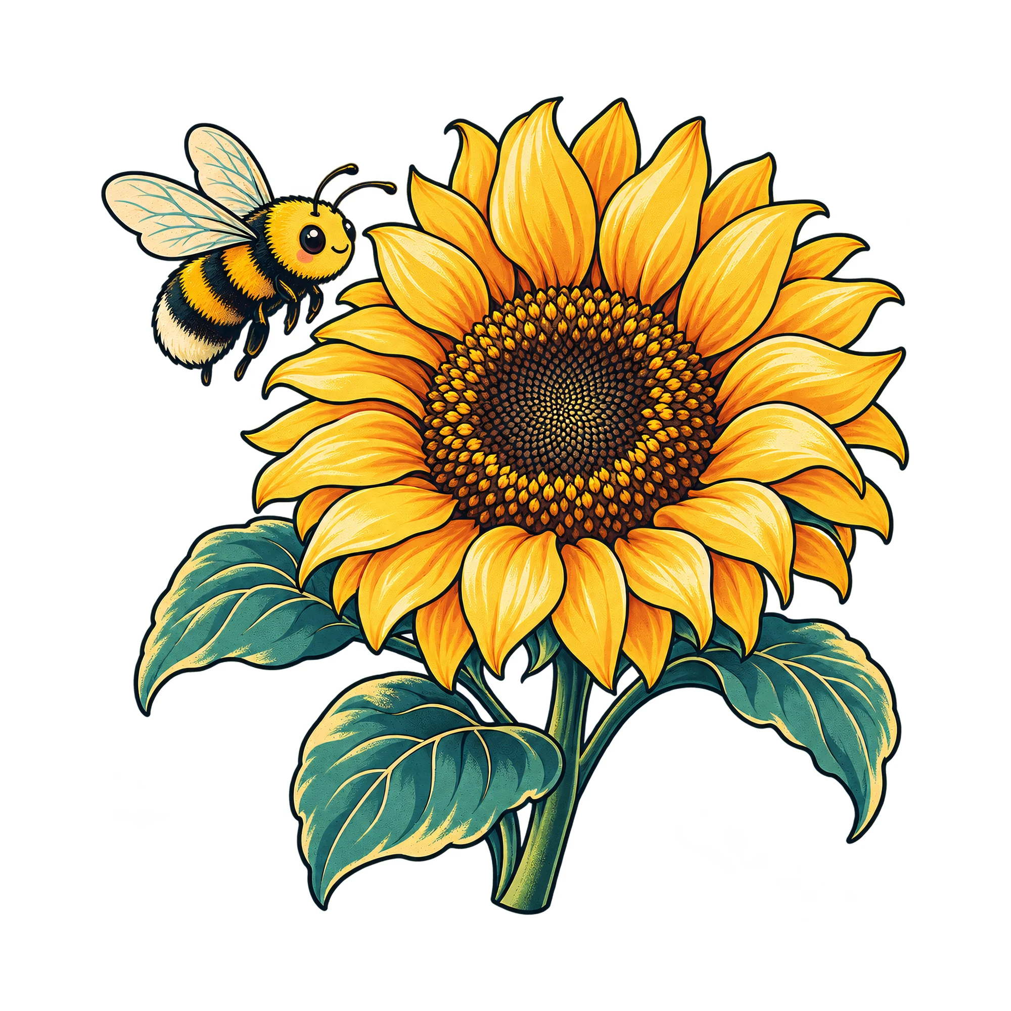 Bügelbild „Sonnenblume mit Biene“, Natur Shirt Motiv als Grafik auf weißem Hintergrund (BB019082)