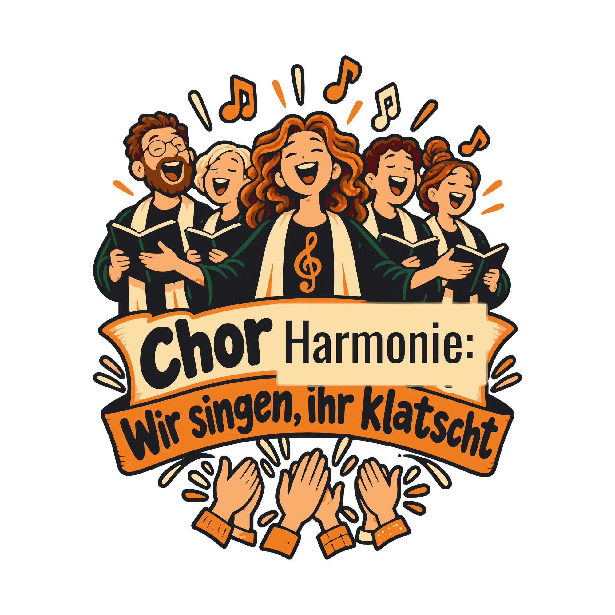 Bügelbild Chor: Wir singen, ihr klatscht mit Name als Grafik auf weißem Hintergrund (BB011233)