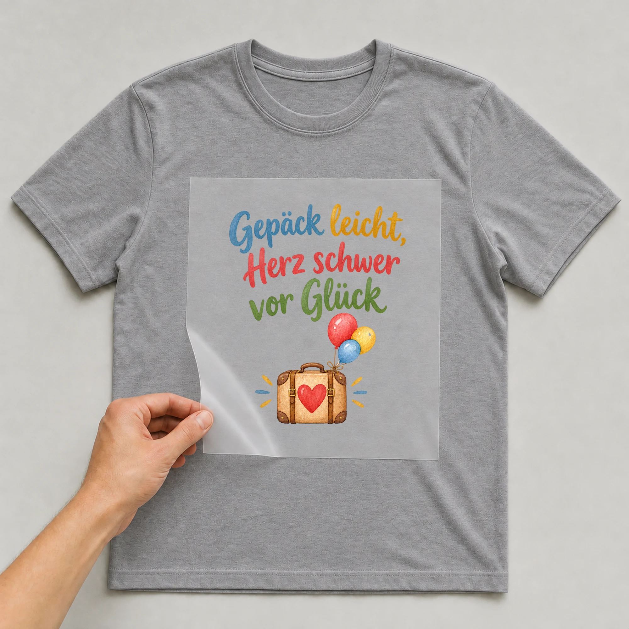 Bügelbild „Gepäck leicht, Herz schwer vor Glück“ auf grauem T-Shirt, Folie wird aufgelegt