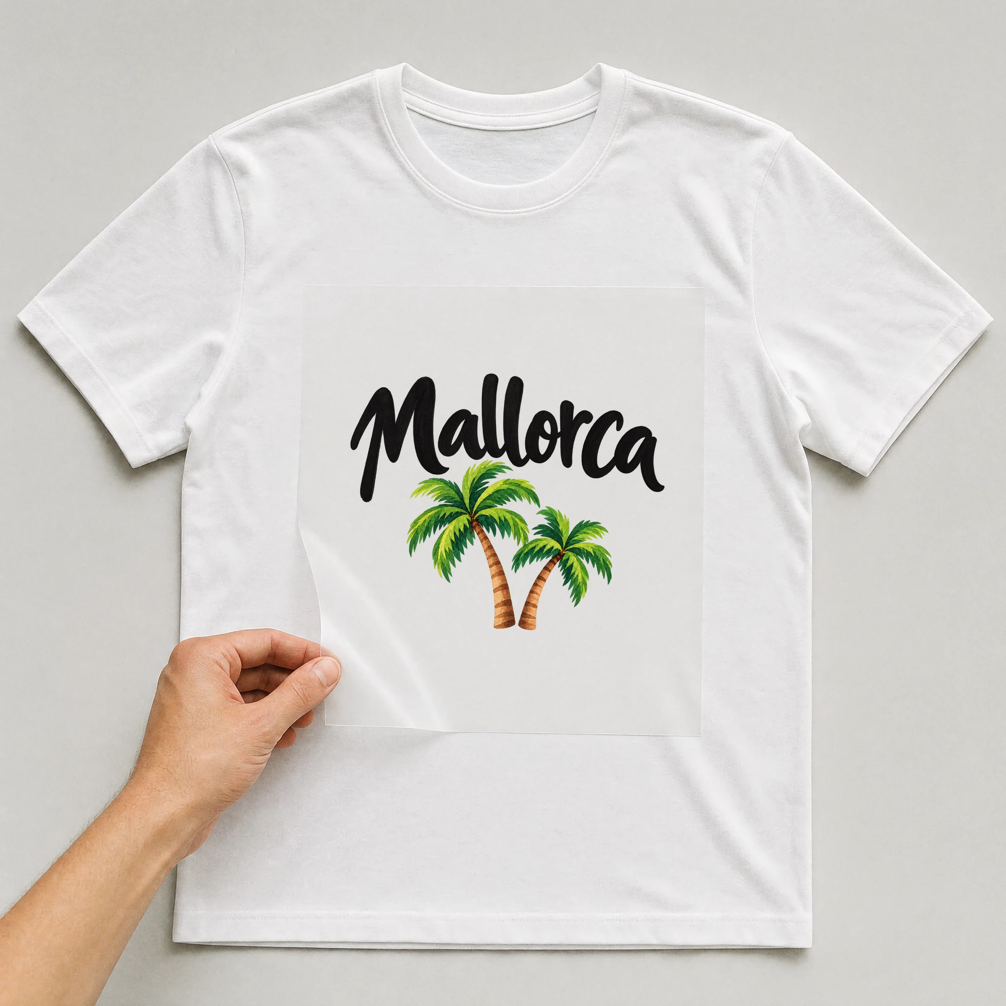 Bügelbild „Mallorca“ auf weißem T-Shirt, Folie wird aufgelegt