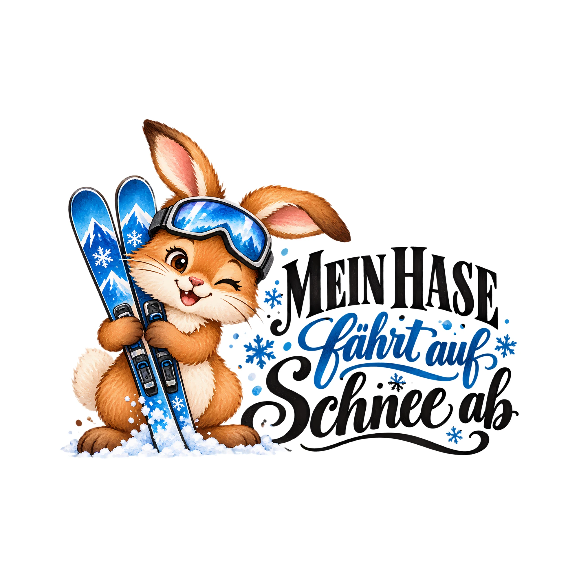 Bügelbild Mein Hase fährt auf Schnee ab als Grafik auf weißem Hintergrund (BB013345)