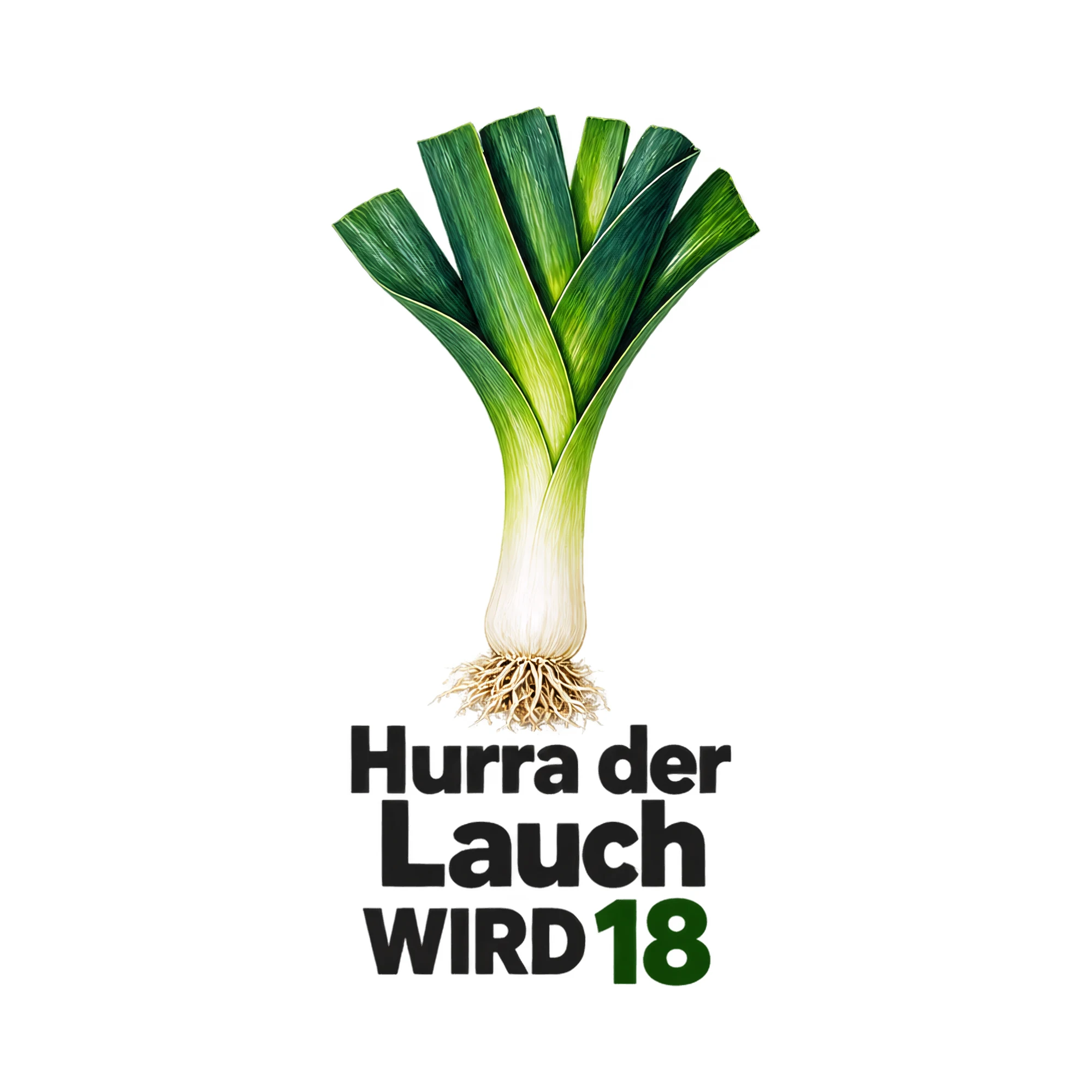 Bügelbild Hurra der Lauch WIRD 18, Lustiger Shirt Spruch als Grafik auf weißem Hintergrund (BB018240)