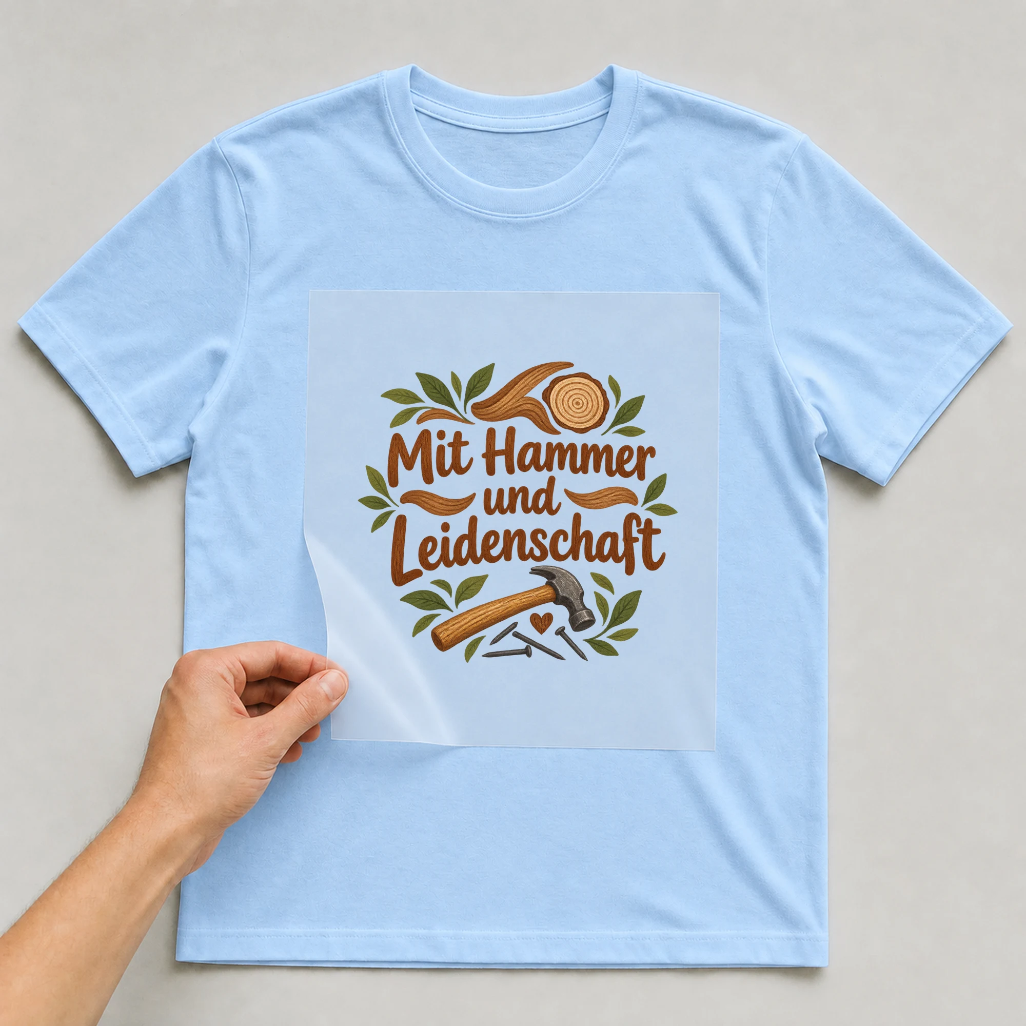 Bügelbild „Mit Hammer und Leidenschaft“ auf babyblauem T-Shirt, Folie wird aufgelegt