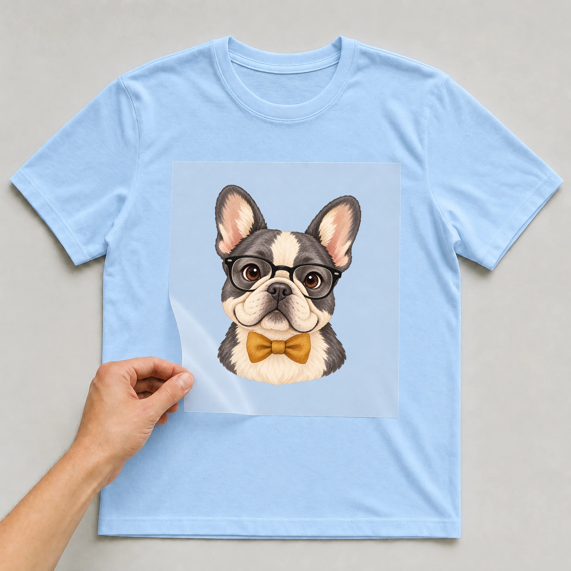 Bügelbild „Hipster Bulldoge“ auf babyblauem T-Shirt, Folie wird aufgelegt